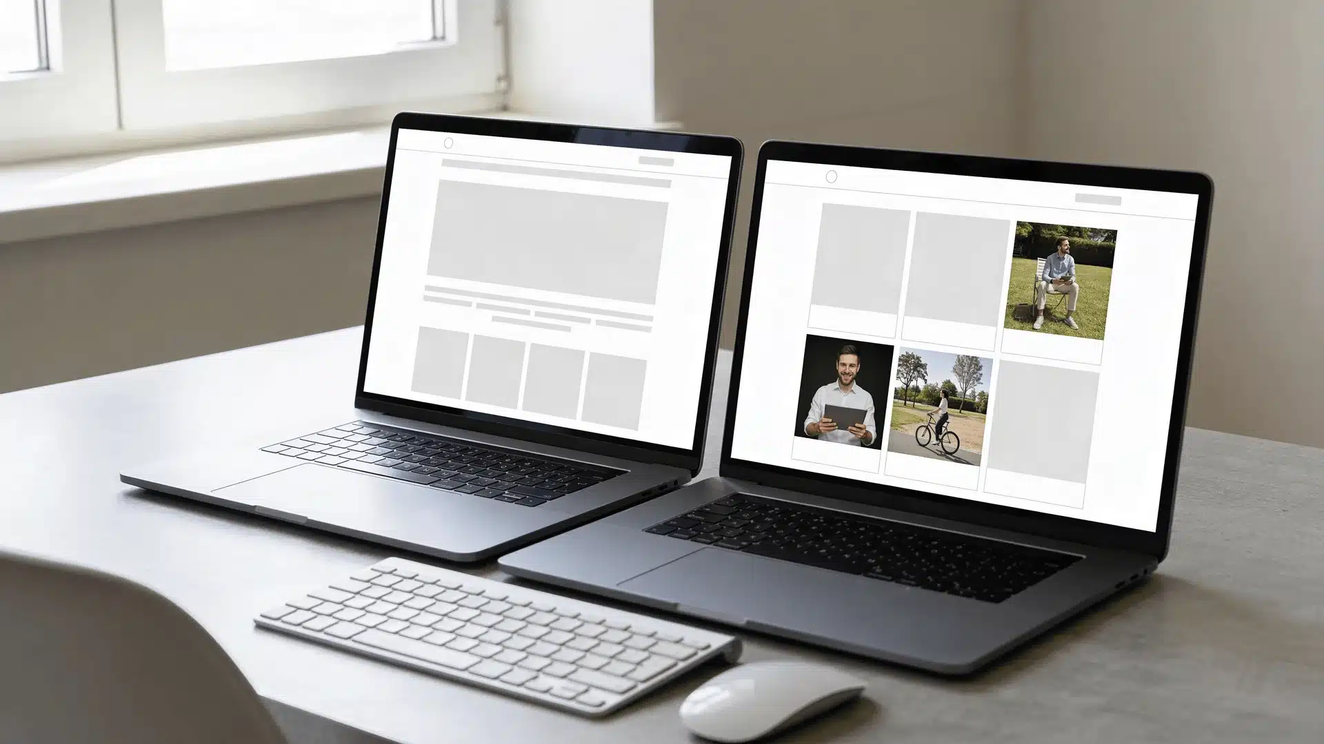 Two laptops displaying different blank website layout block structures