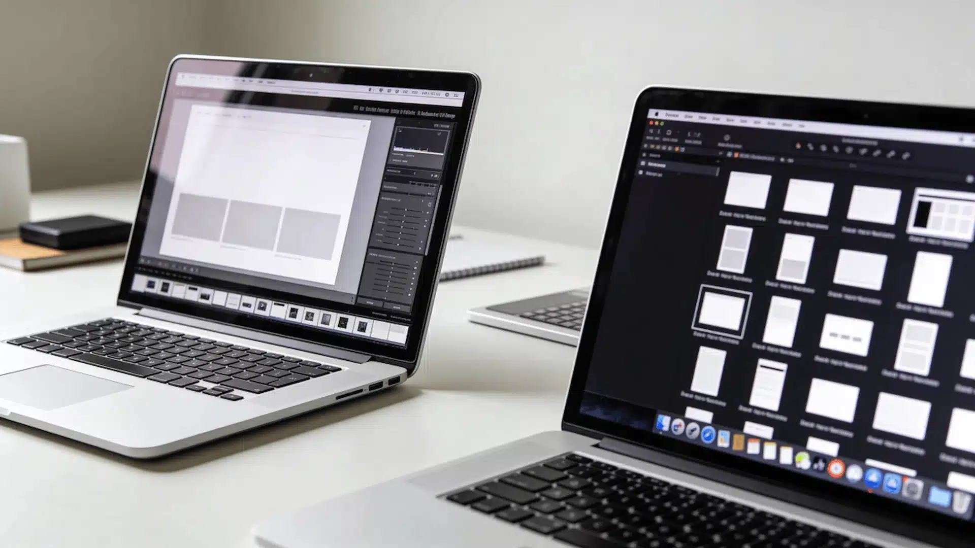 Two laptops showing simple and complex blank website layout blocks