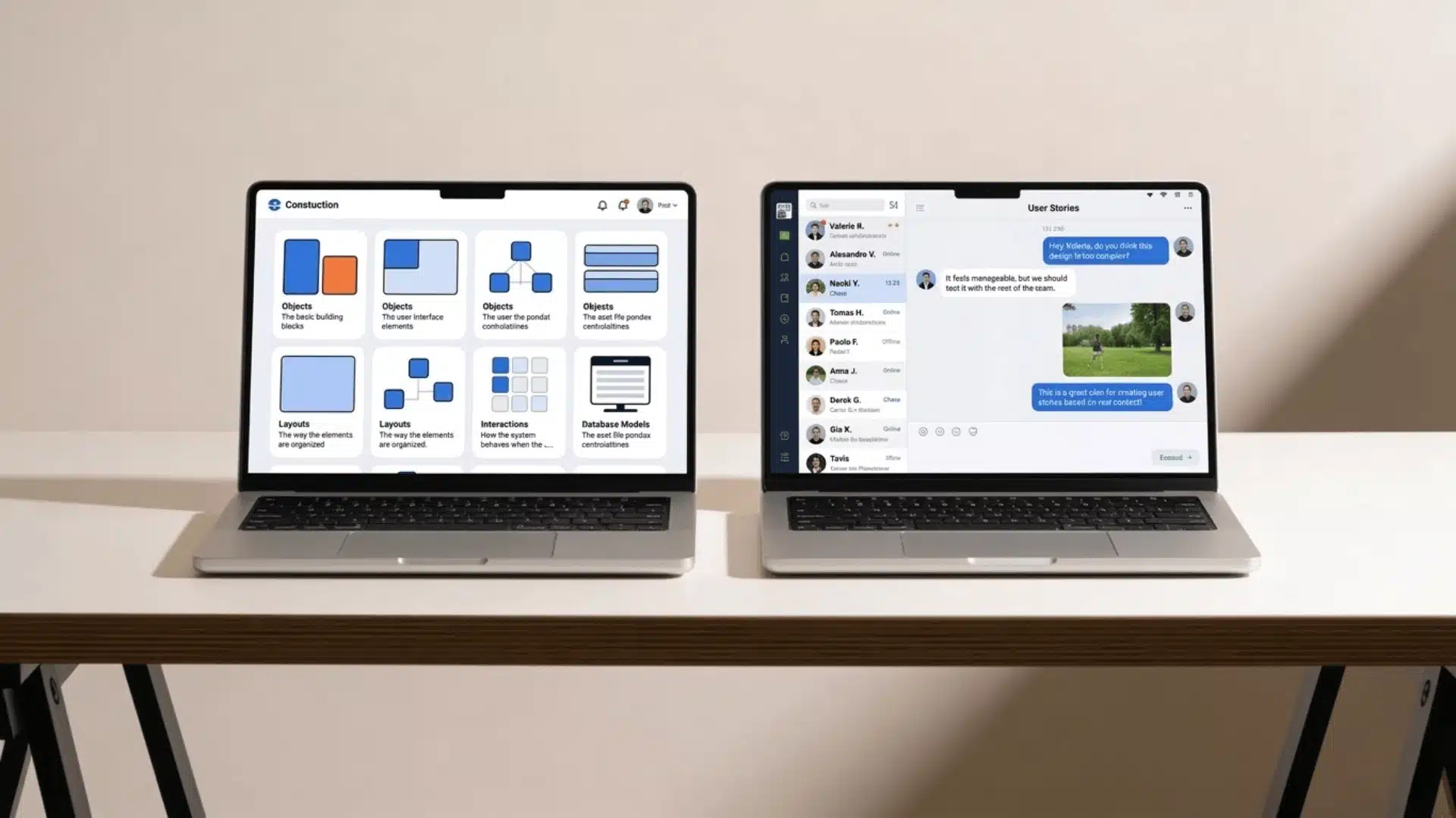 Two laptops side by side showing structured layout on one screen and conversational chat interface on the other