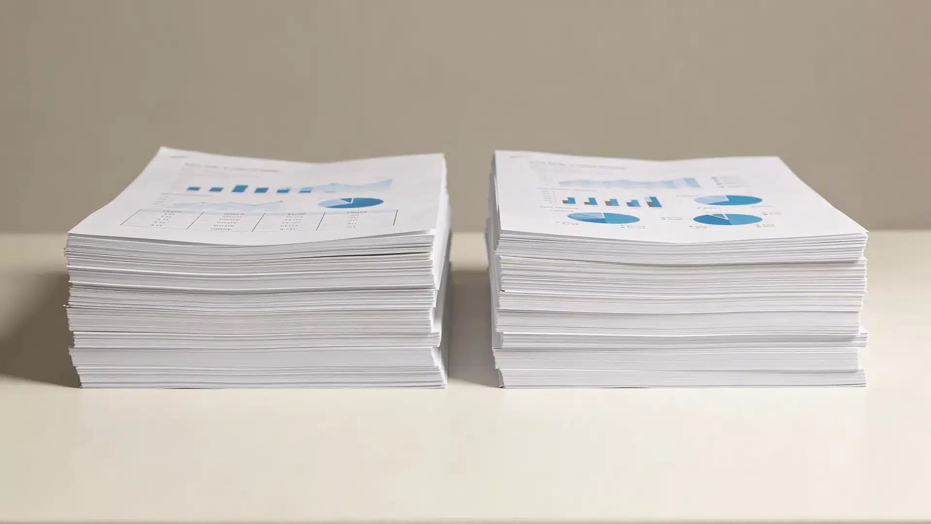 Two stacks of documents placed side by side on a desk