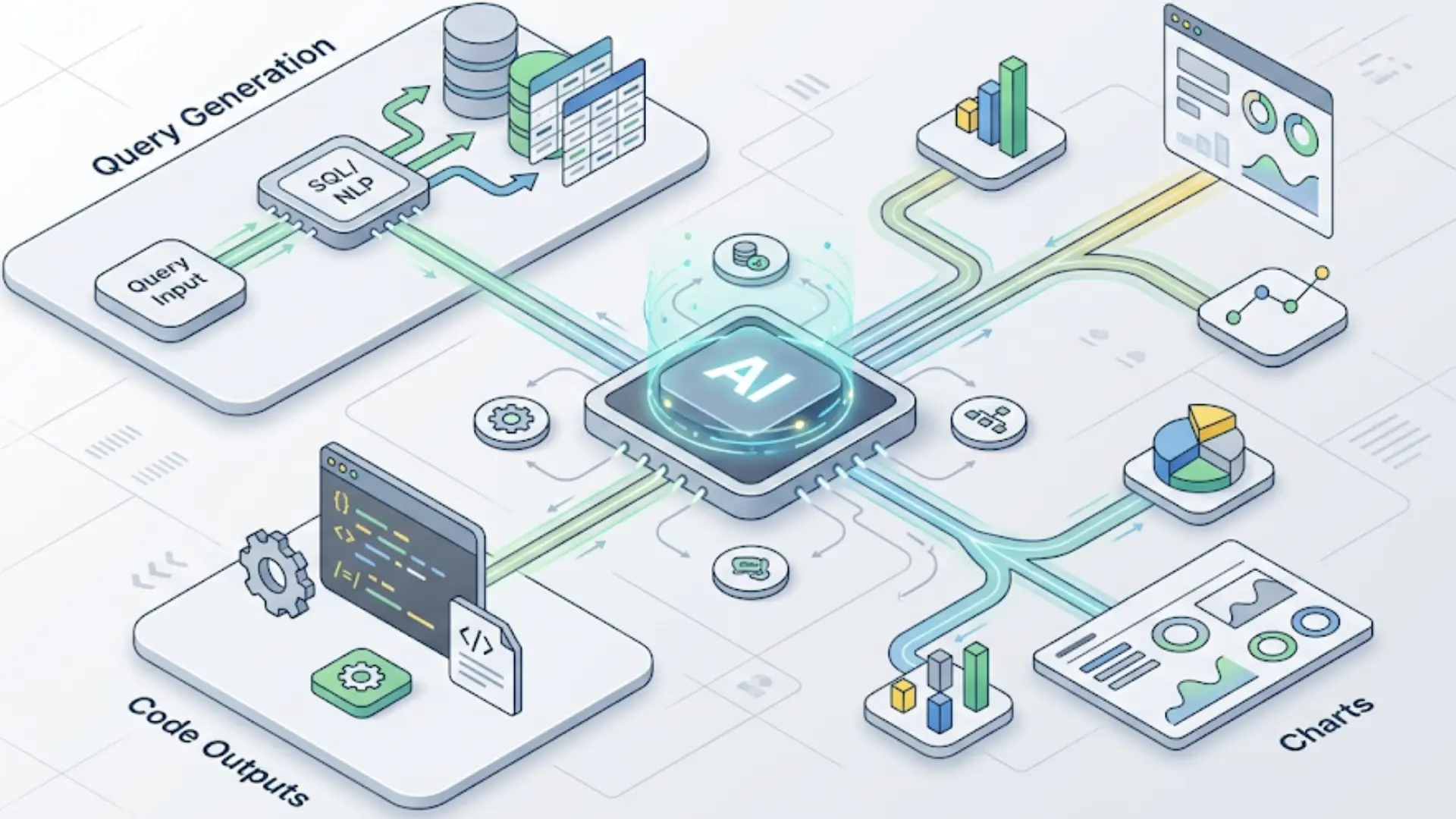central AI system connected to multiple analytics tasks like queries, charts, and code outputs