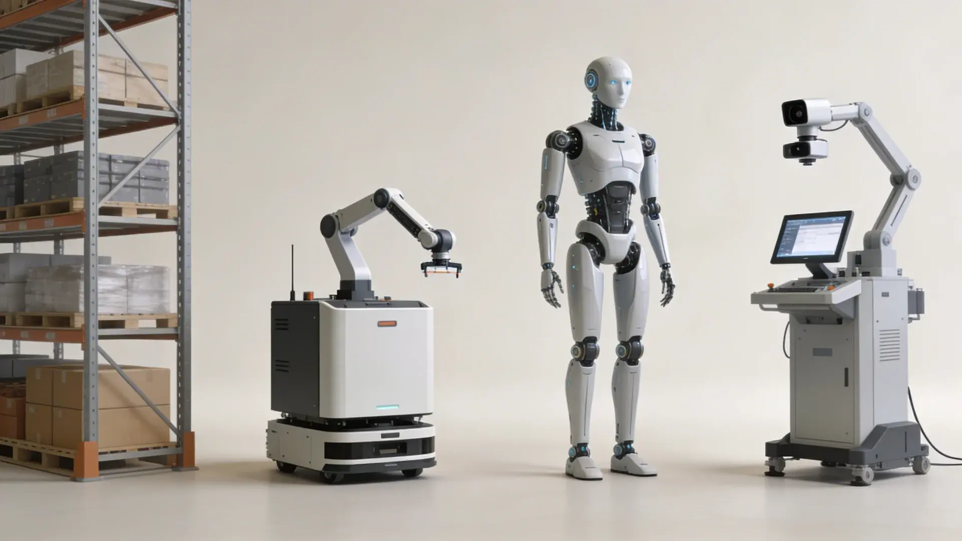 different robots including warehouse, humanoid, and industrial systems shown separately in a neutral setting