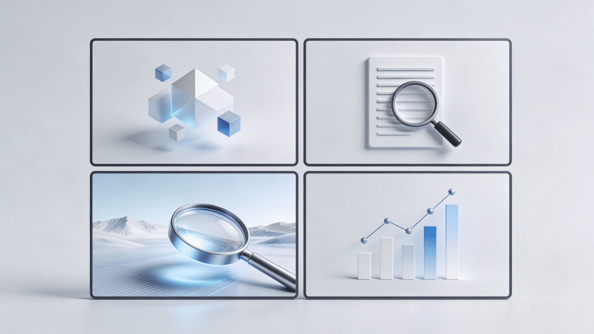 four panels showing text output, document search, image recognition, and data prediction visuals