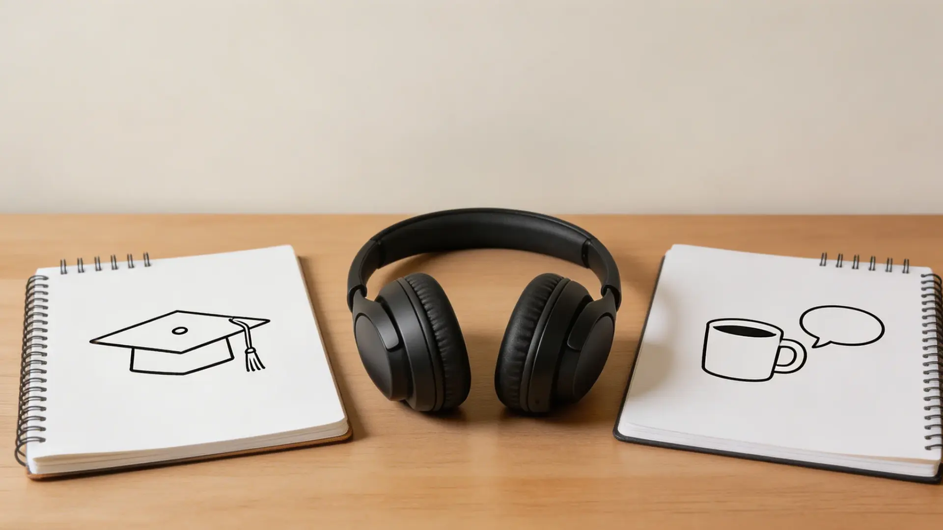 headphones placed between two notebooks on desk showing different listening choices