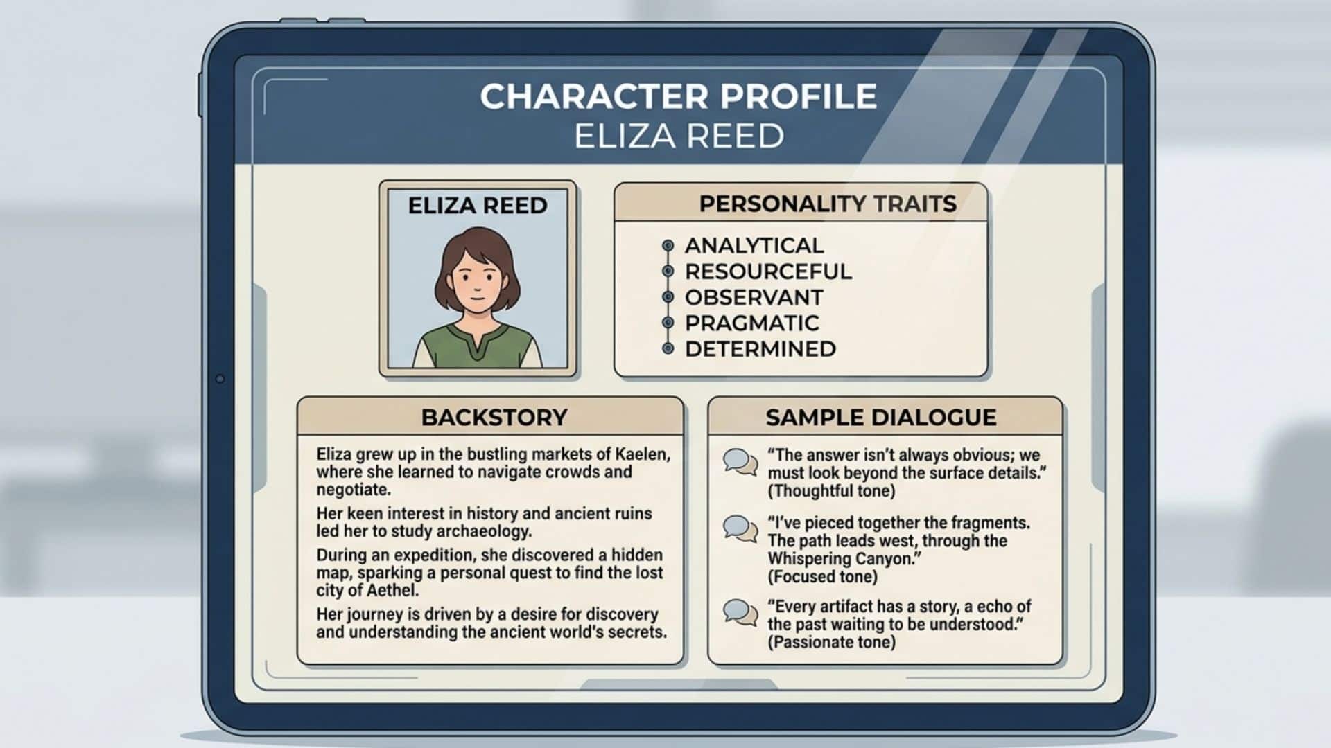 illustration of a character card displaying personality traits, backstory, and sample dialogue for an AI character