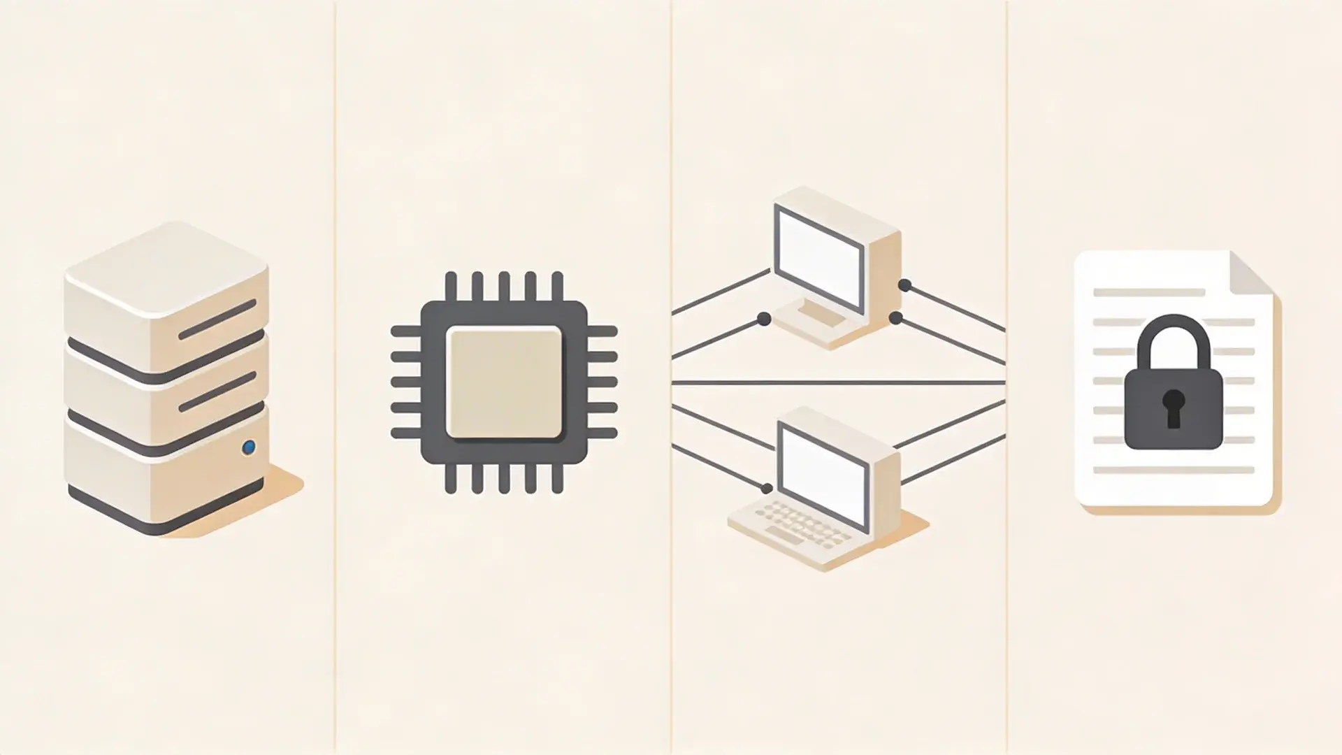 illustration showing data storage server, processor chip, network connection, and secured data with lock