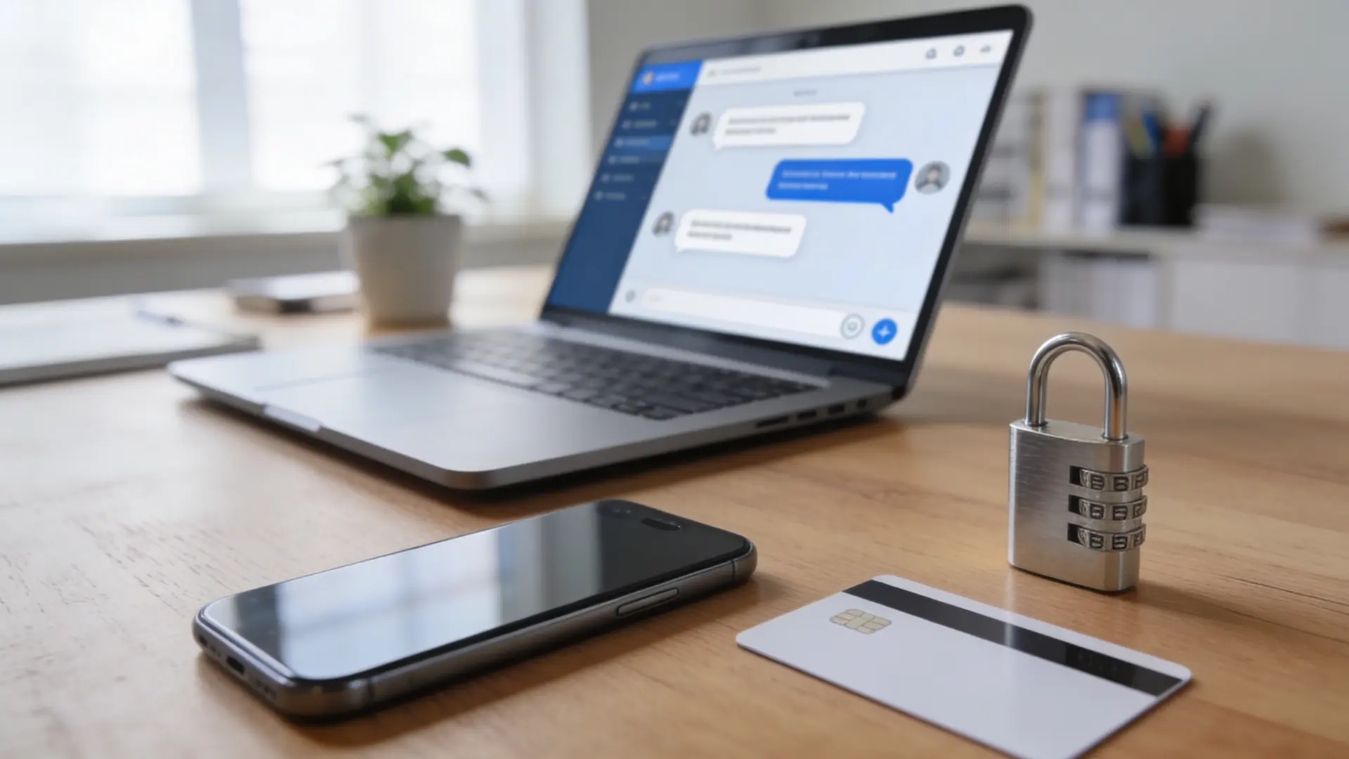 laptop and phone on a desk with AI chat, payment card, and privacy lock symbol nearby