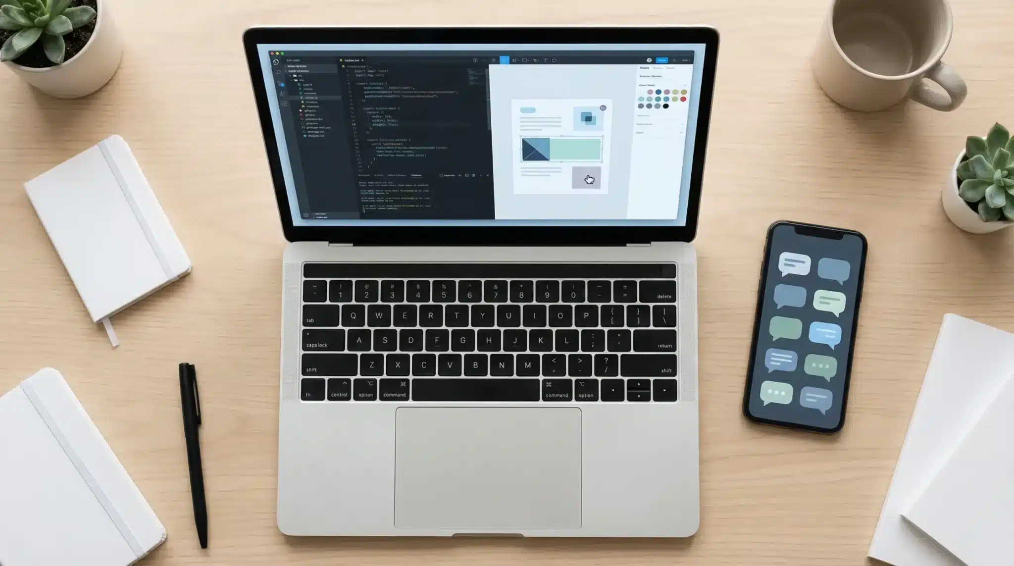 laptop and phone on desk showing generic AI chat, design, and coding interfaces