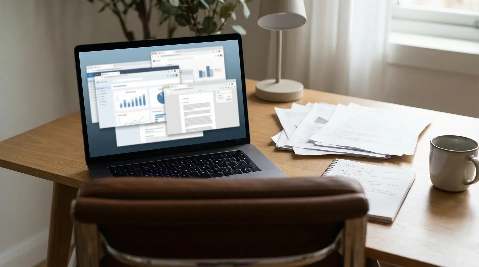 laptop with multiple open windows and papers on a desk
