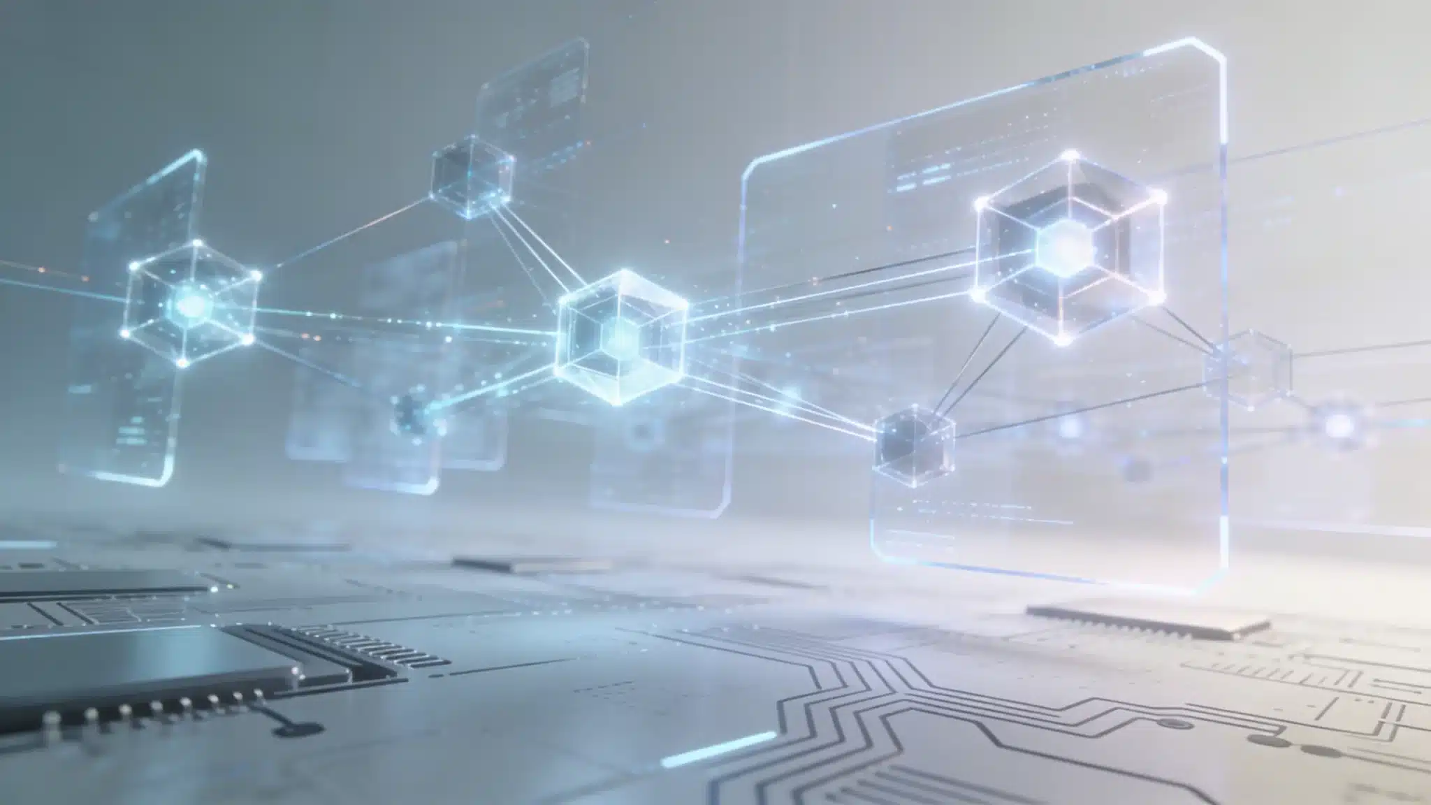 layered digital systems showing connected AI nodes, data flows, and cloud infrastructure in a neutral environment
