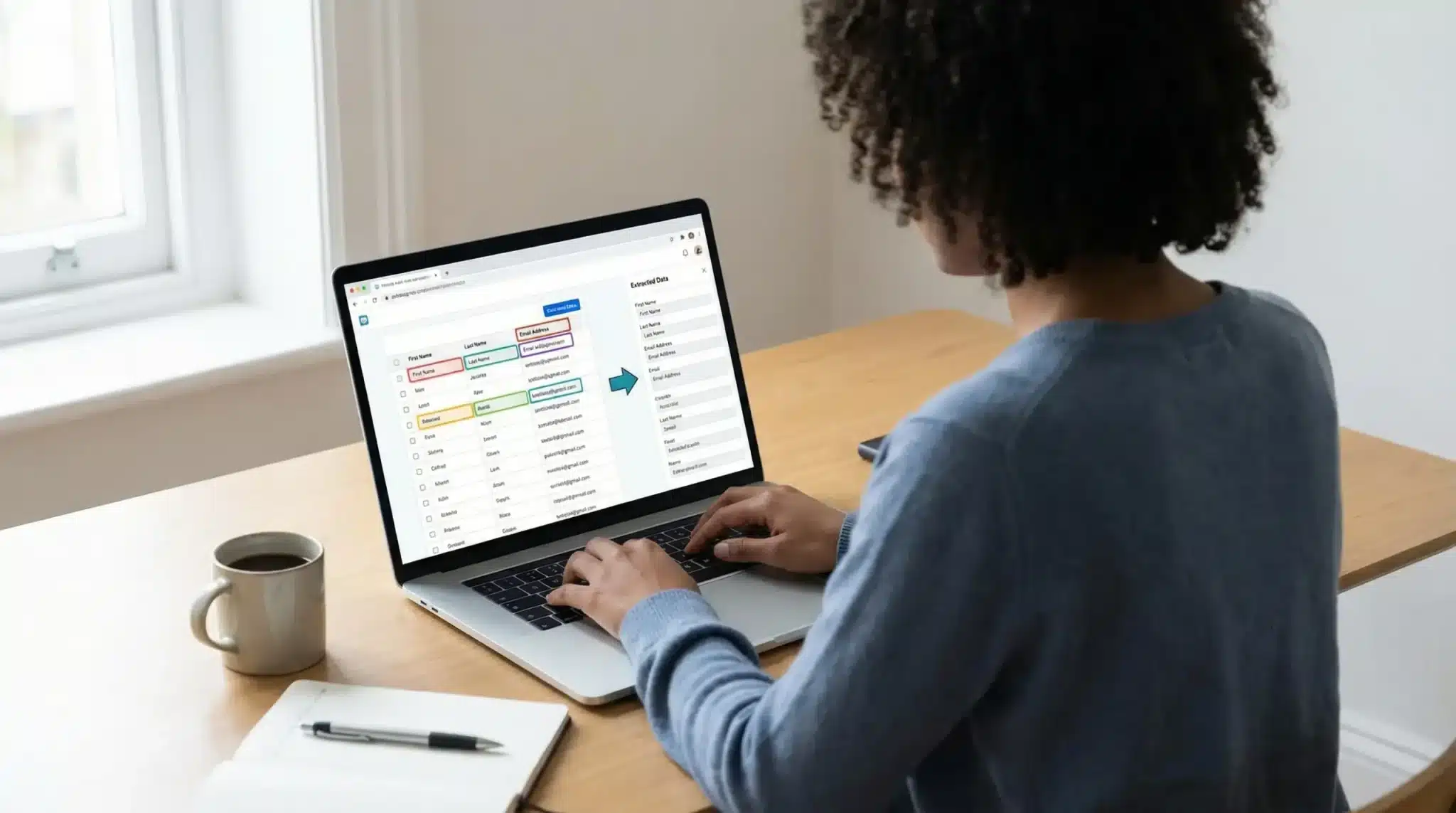 person using a computer with a webpage showing data extraction fields