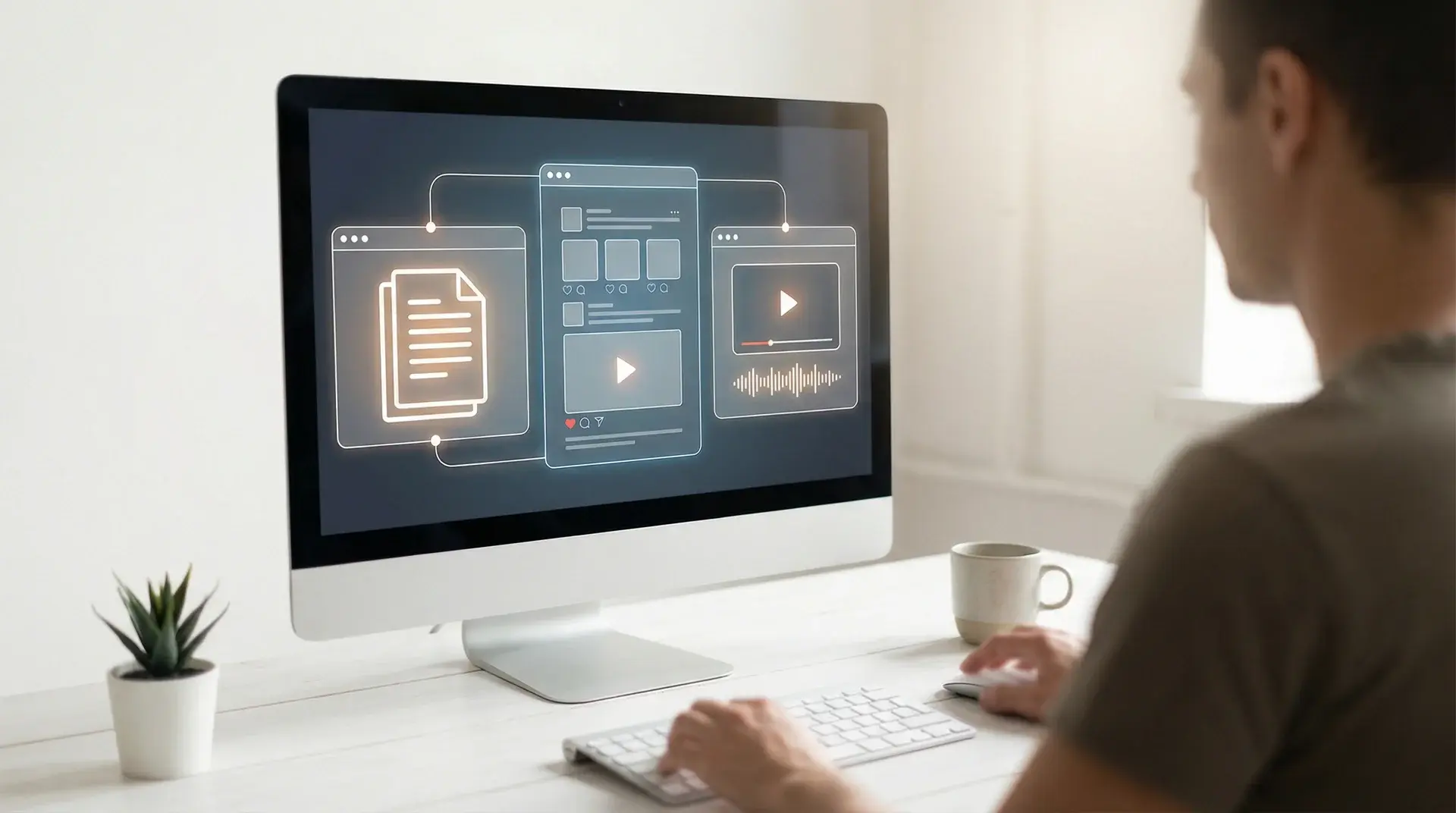 person using a computer with multiple content formats displayed on screen