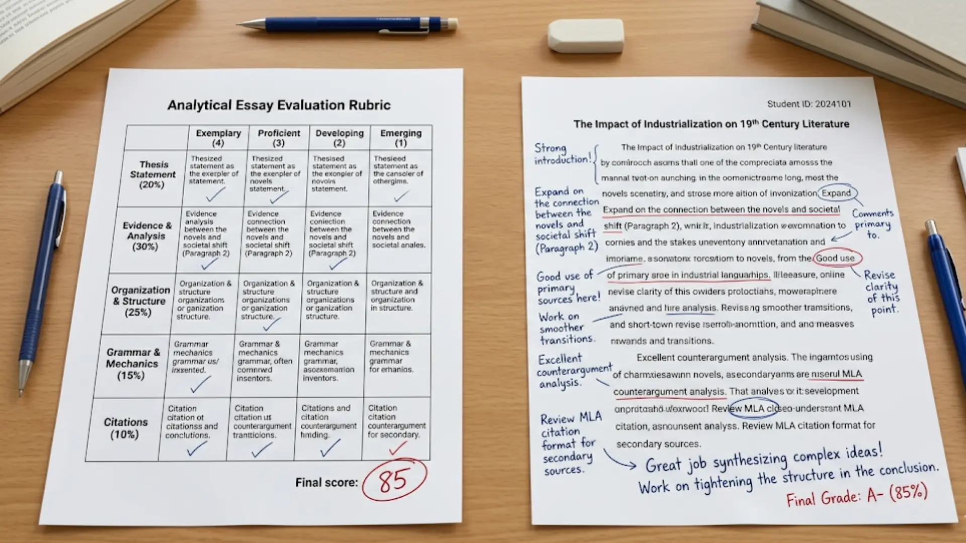 printed rubric sheet beside a marked student essay with handwritten feedback notes