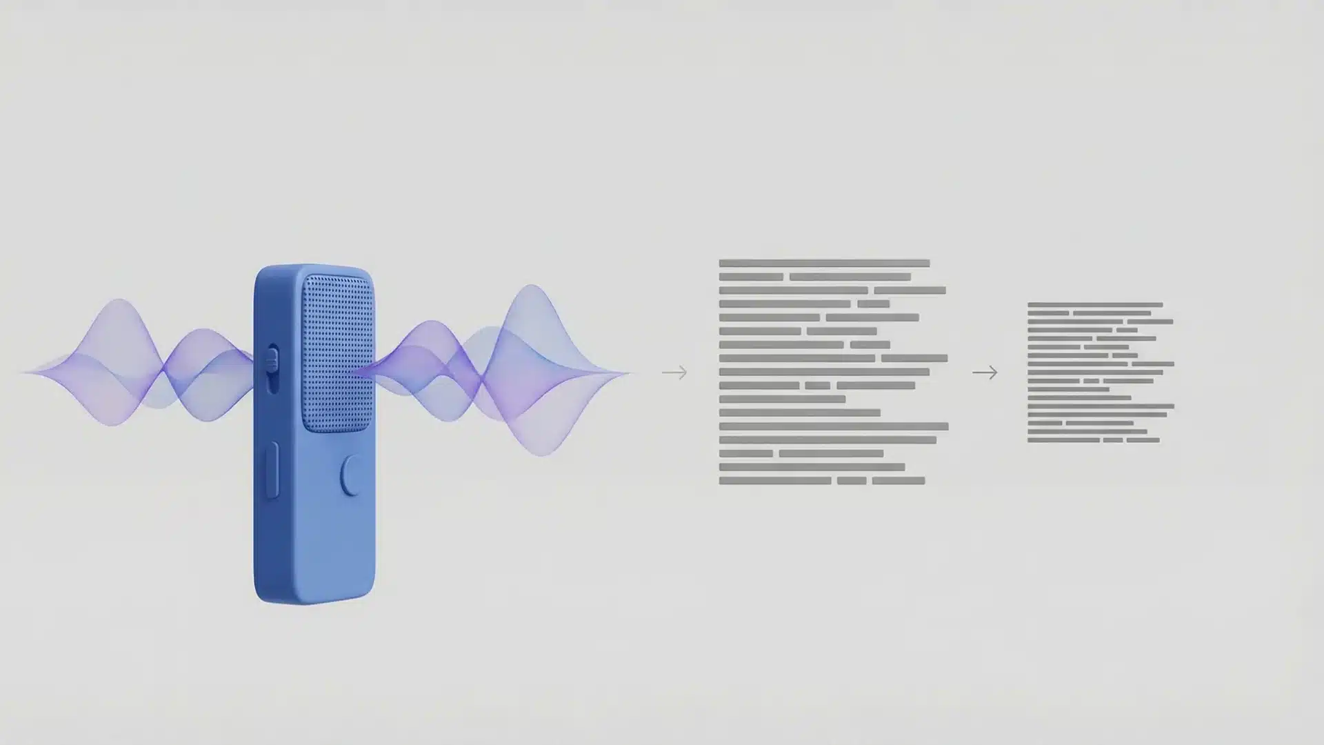 3D diagram of recorder receiving sound waves that become lines of text and shorter lines