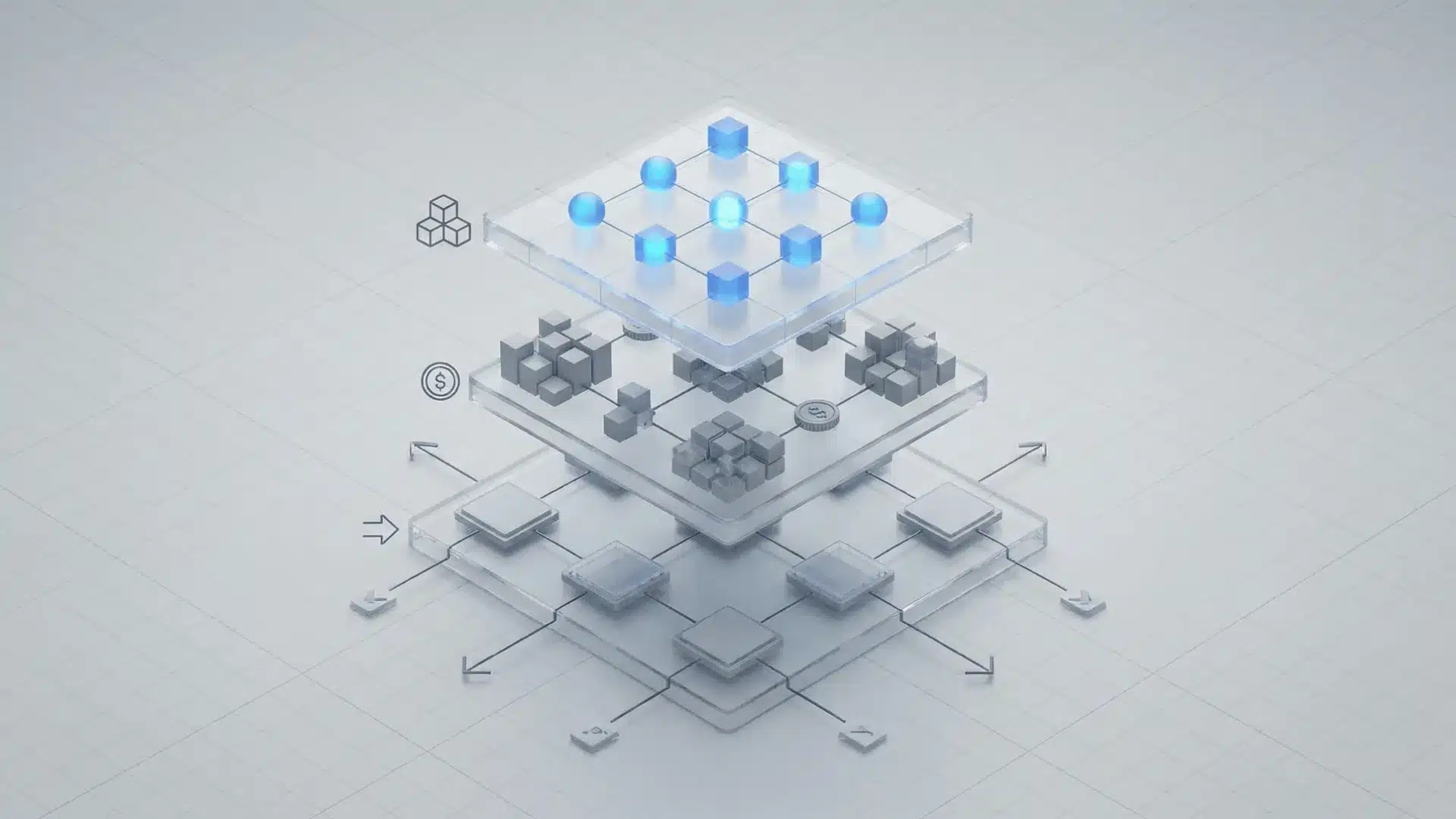 3D layered diagram showing AI models, infrastructure, and user platforms connected across levels