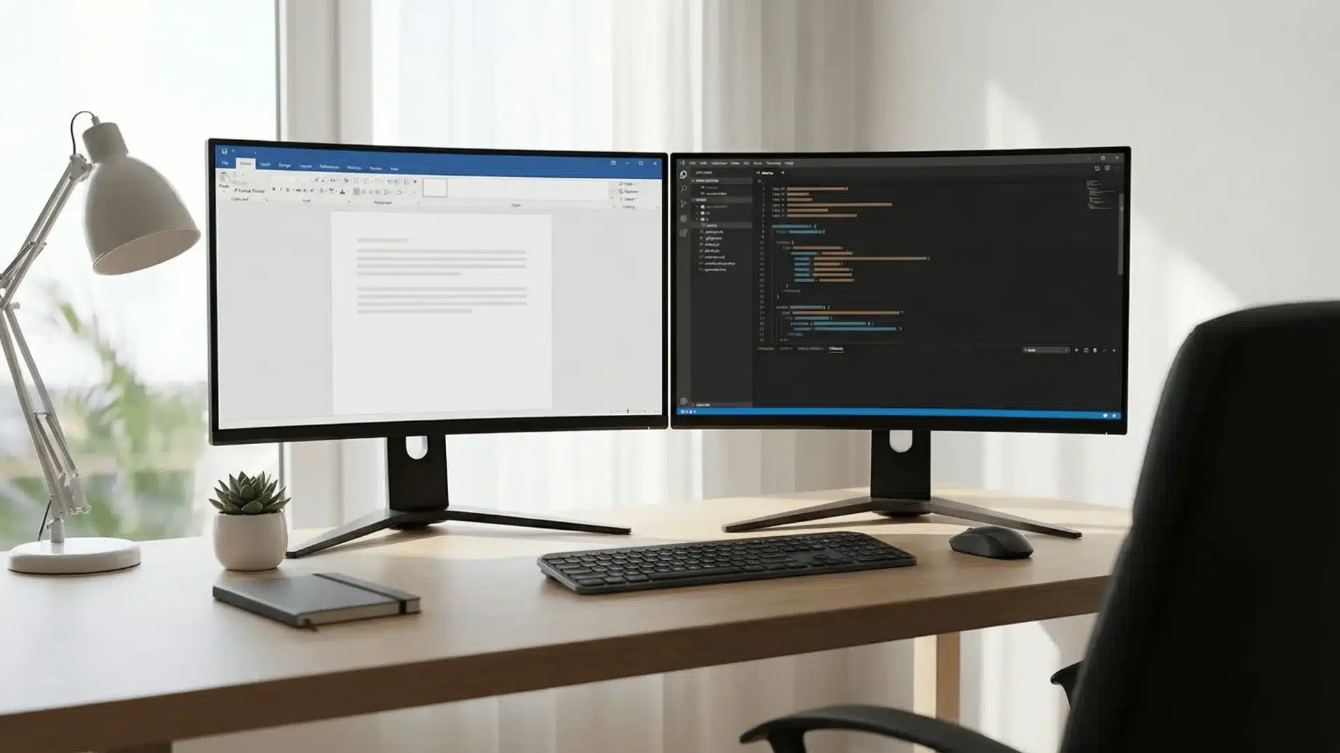 Desk with two monitors showing a document editor and a code editor