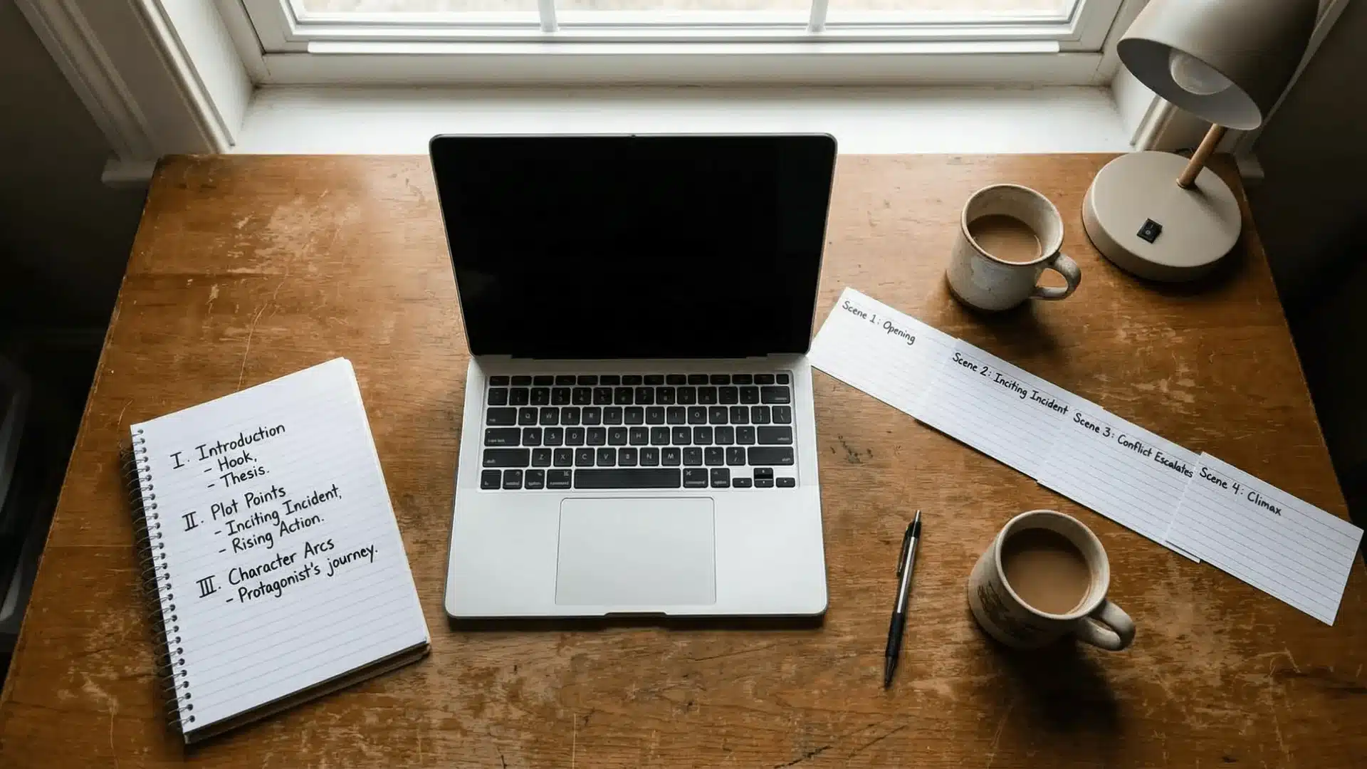 Laptop and handwritten outline notes arranged on desk