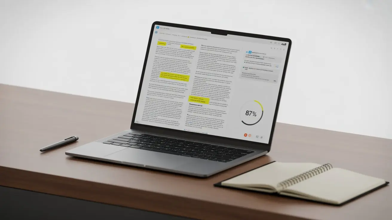 Laptop displaying a document with highlighted sections and a percentage score indicator