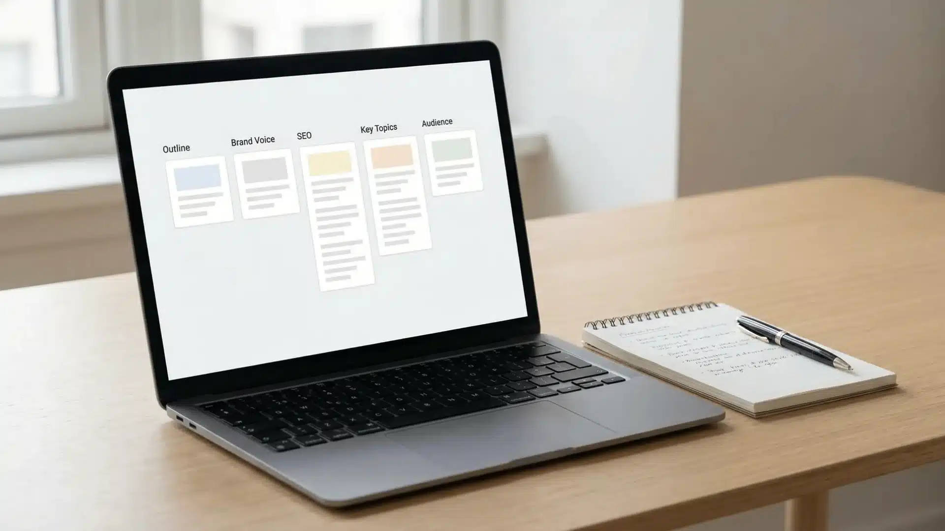 Laptop displaying structured content layout with small labels for outline and brand voice