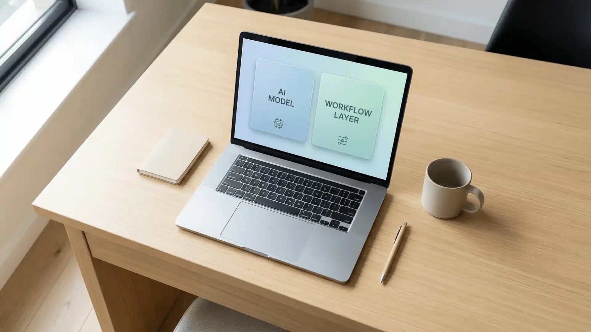 Laptop screen showing two labeled panels titled AI Model and Workflow Layer