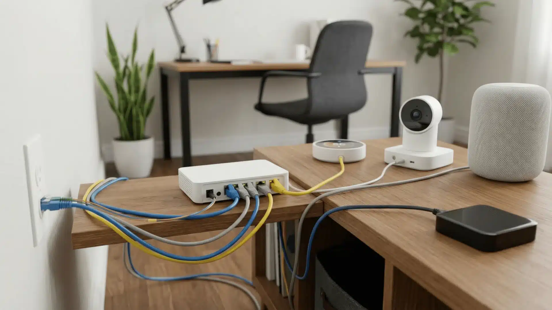 Multiple IoT devices connected to a router with network lines branching outward