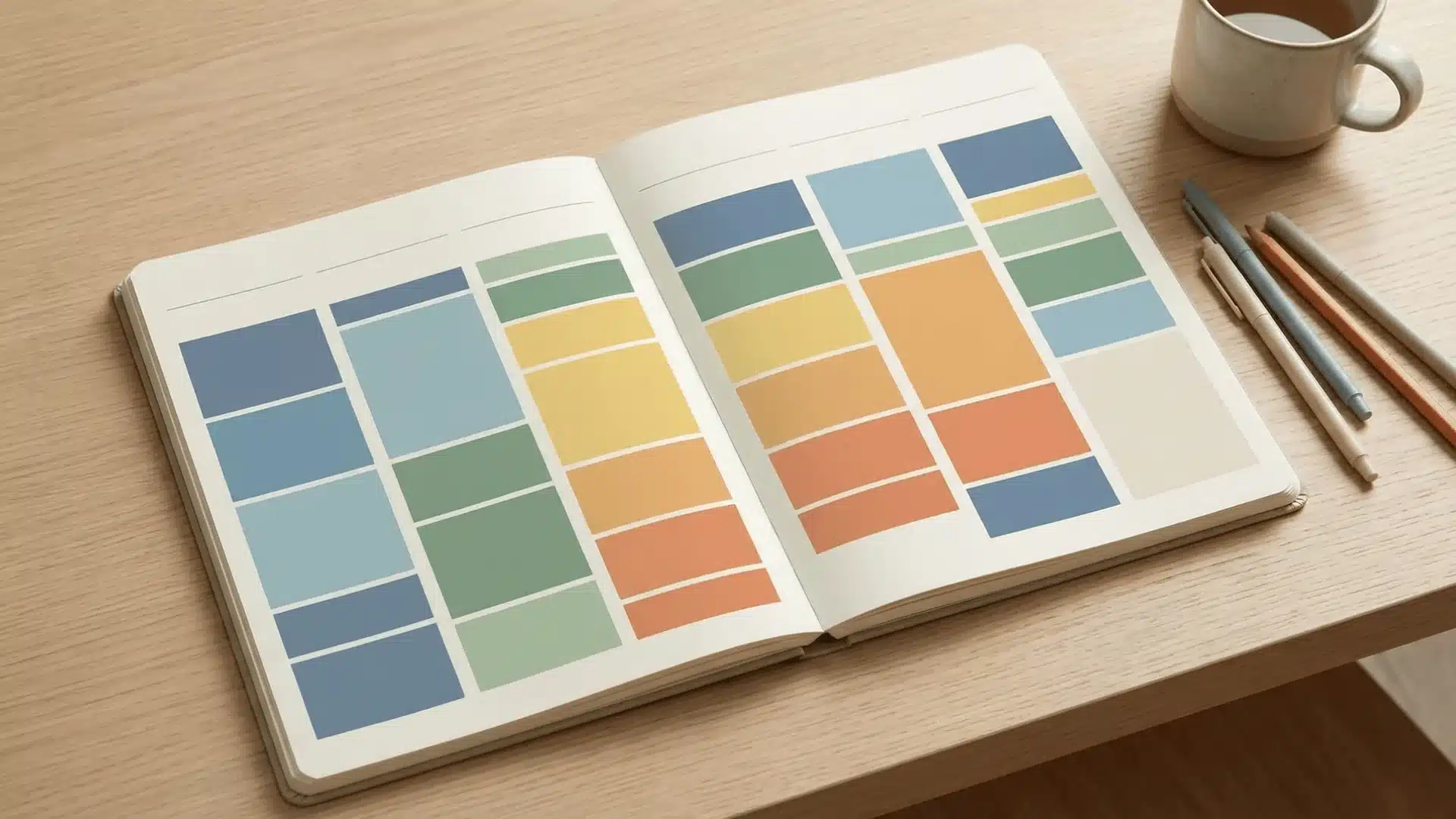 Open weekly planner filled with solid color time blocks across each day