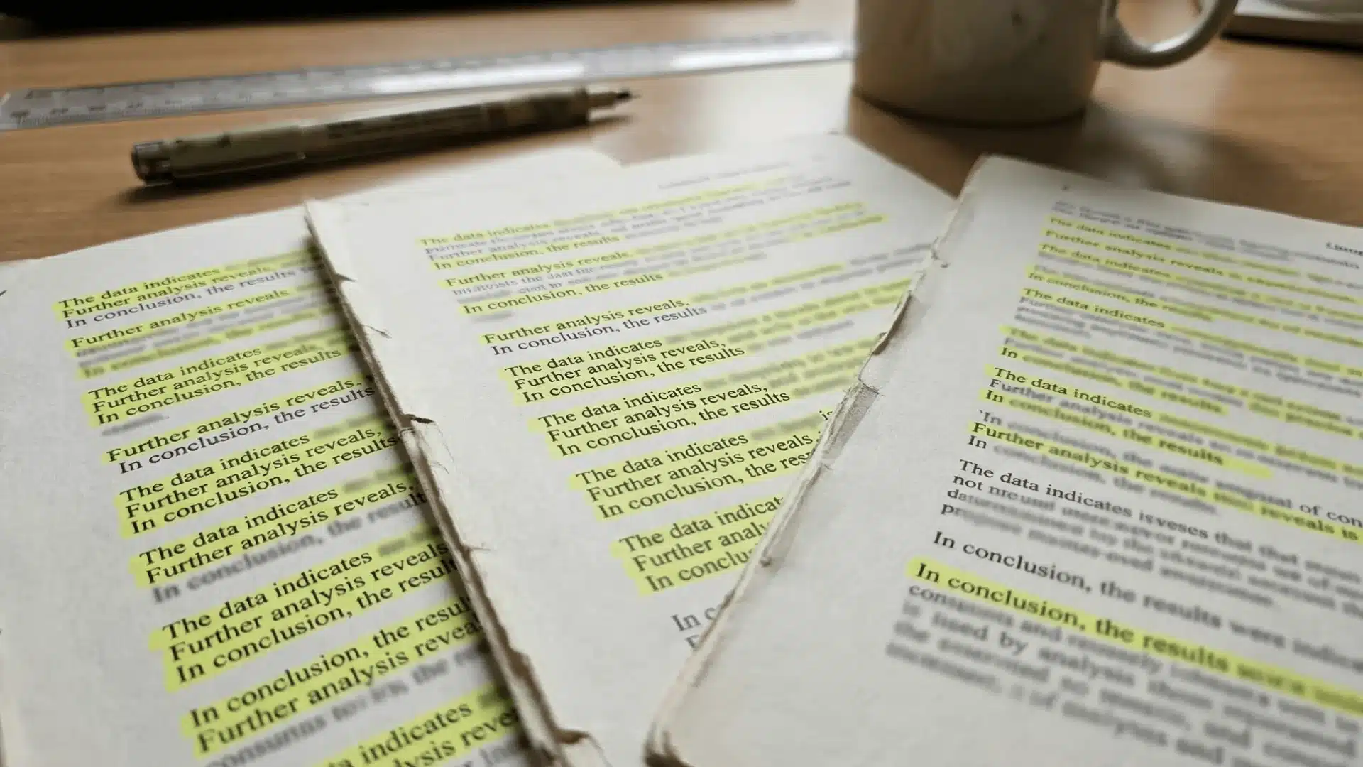 Printed pages with repeated lines highlighted on desk