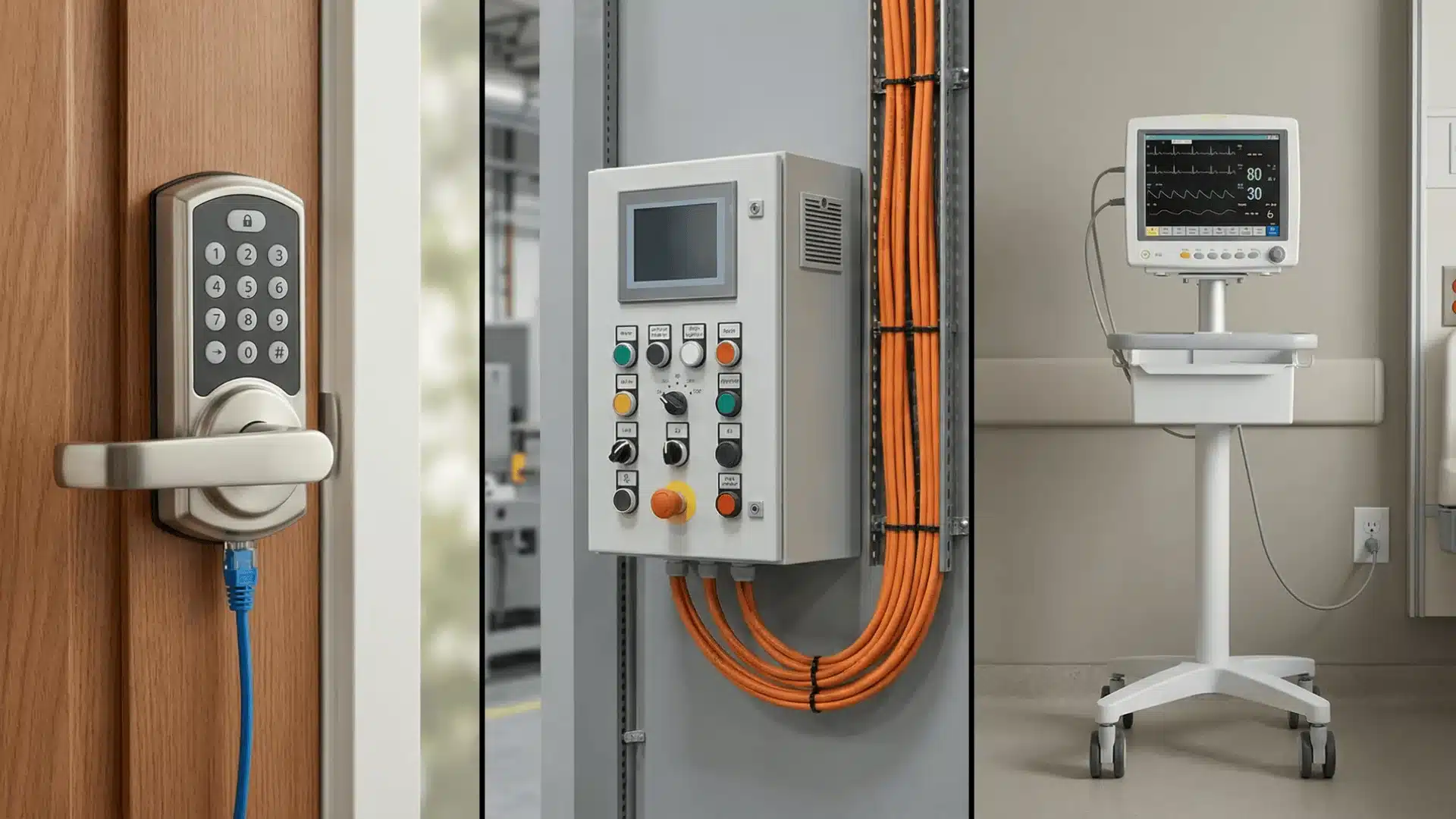Smart lock, industrial control panel, and medical monitor connected to a network