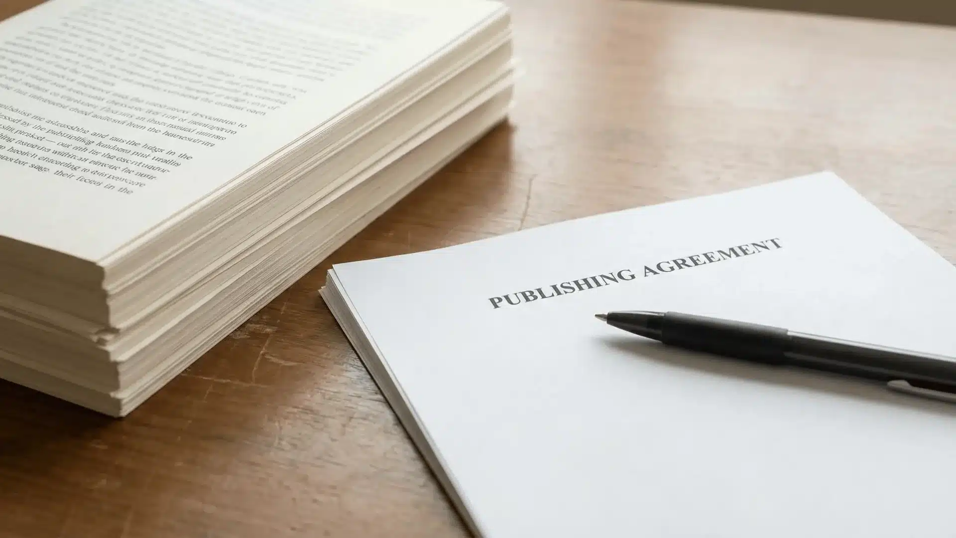 Stacked manuscript pages next to contract document and pen