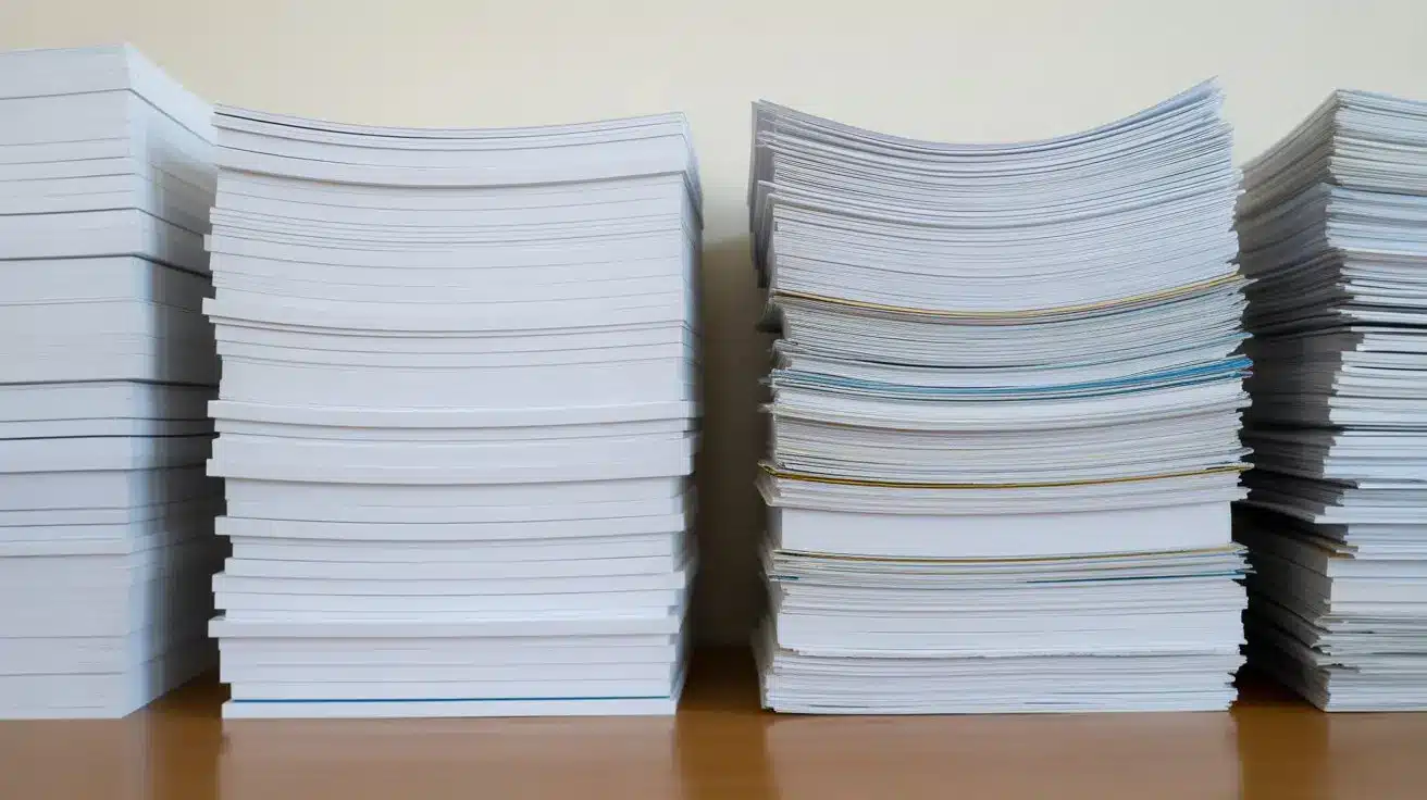 Two stacks of documents showing consistent and varied paragraph structures placed side by side