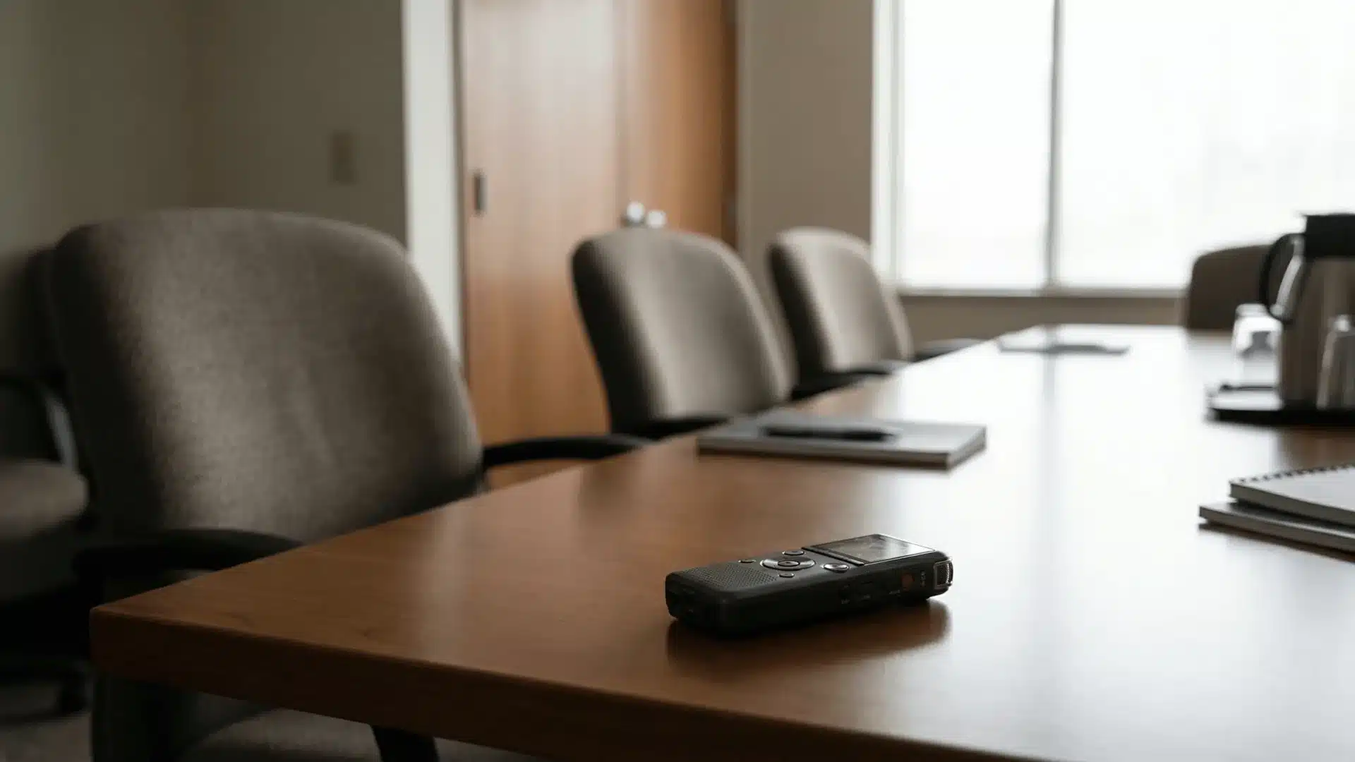 Voice recorder on a table in a conference room with empty chairs around it