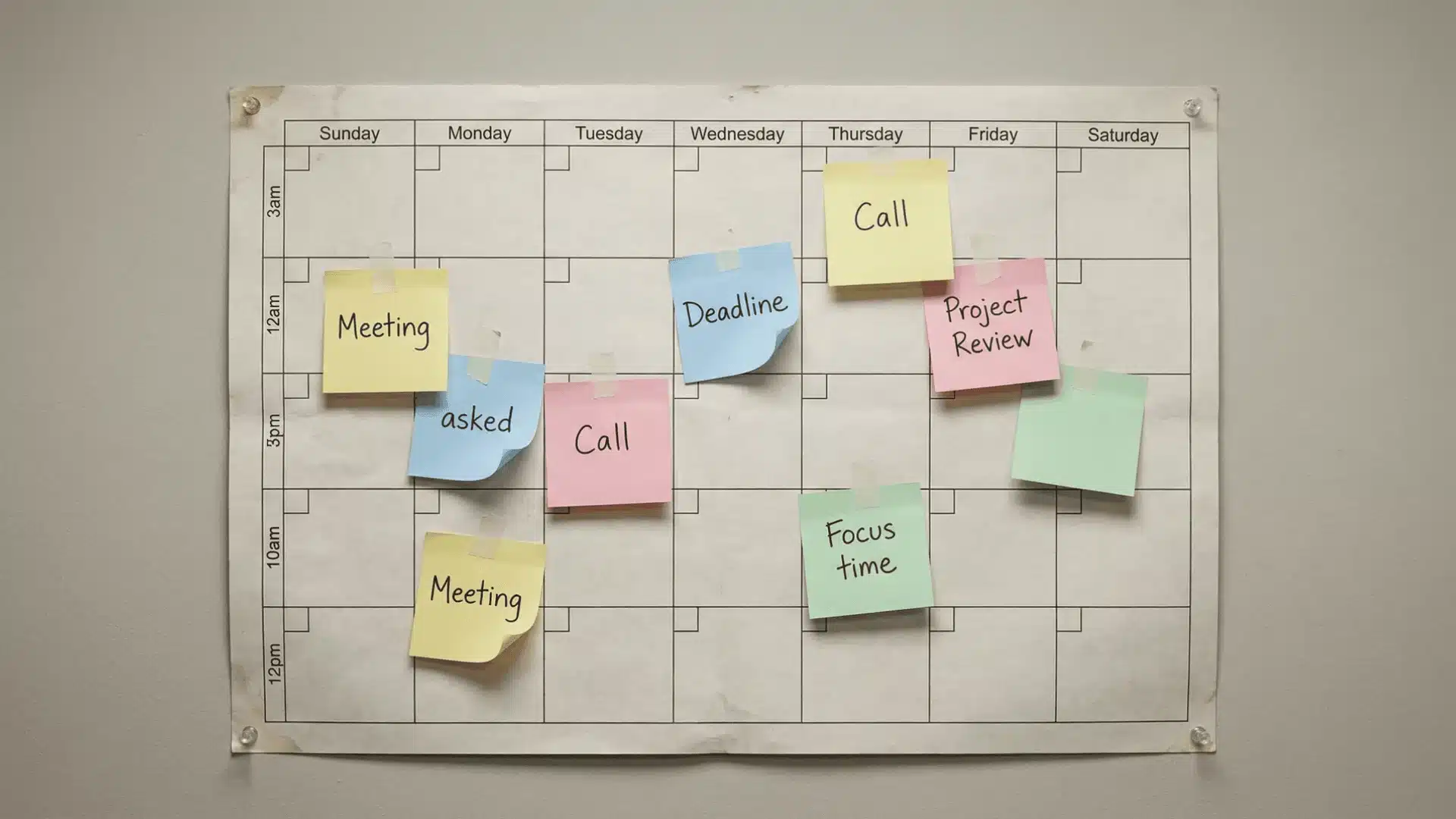 Wall calendar with sticky notes moved to new time slots across the week