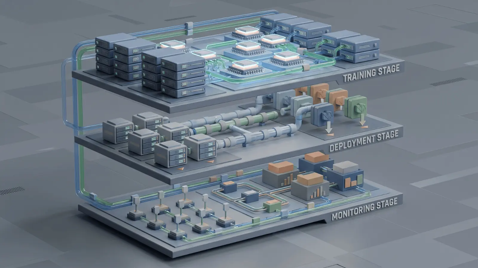 AI infrastructure pipeline showing data flow from training to deployment and monitoring