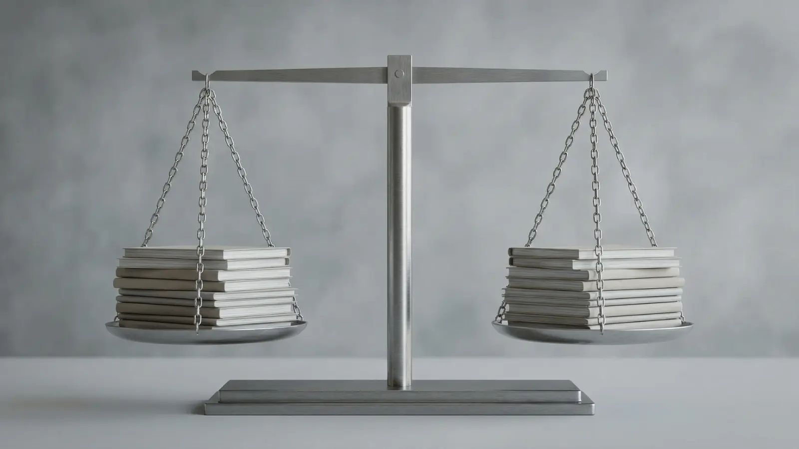Balanced scale with documents on both sides representing evaluation of information reliability