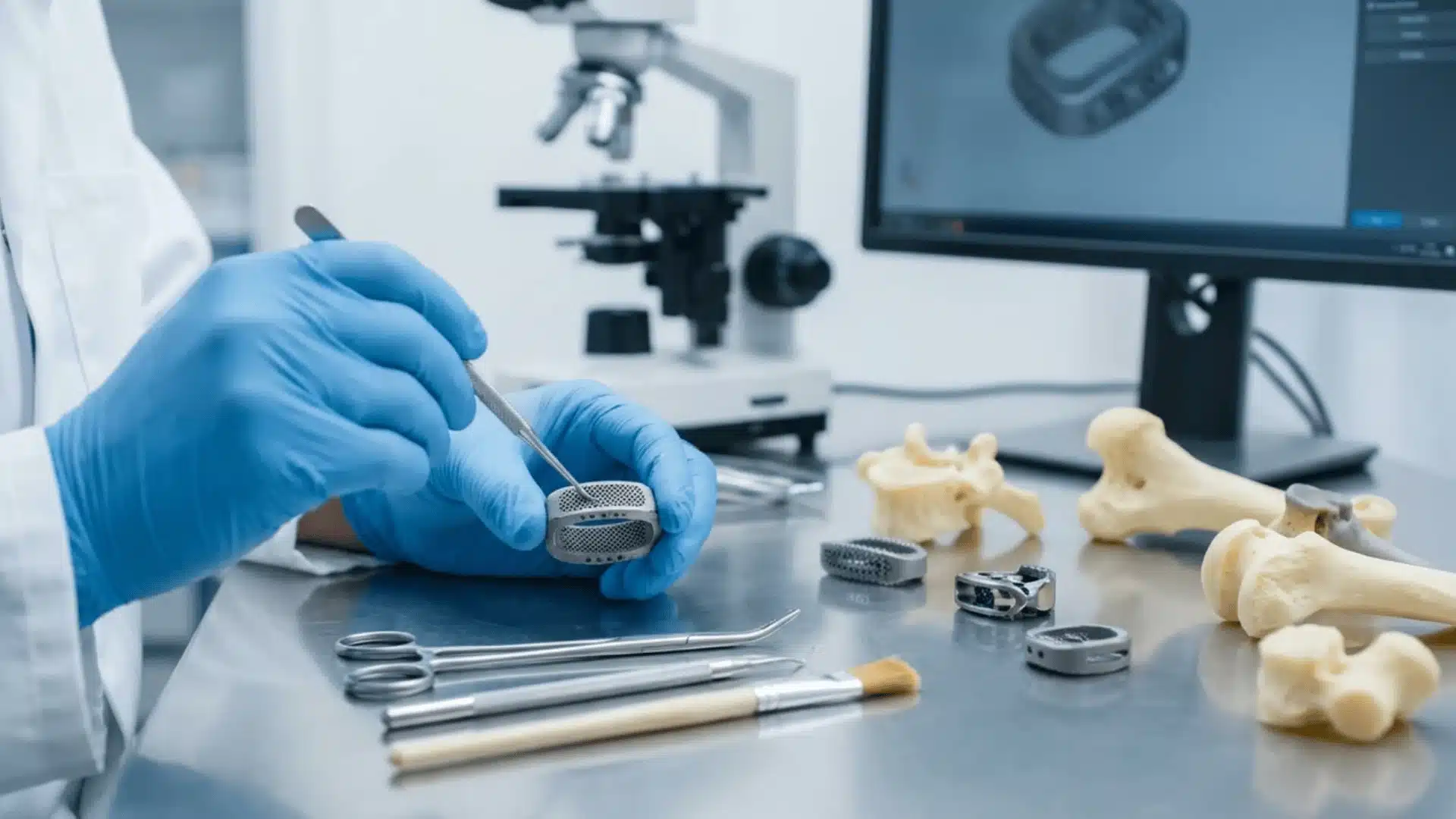 Close-up of medical implant being handled in a clinical lab setting