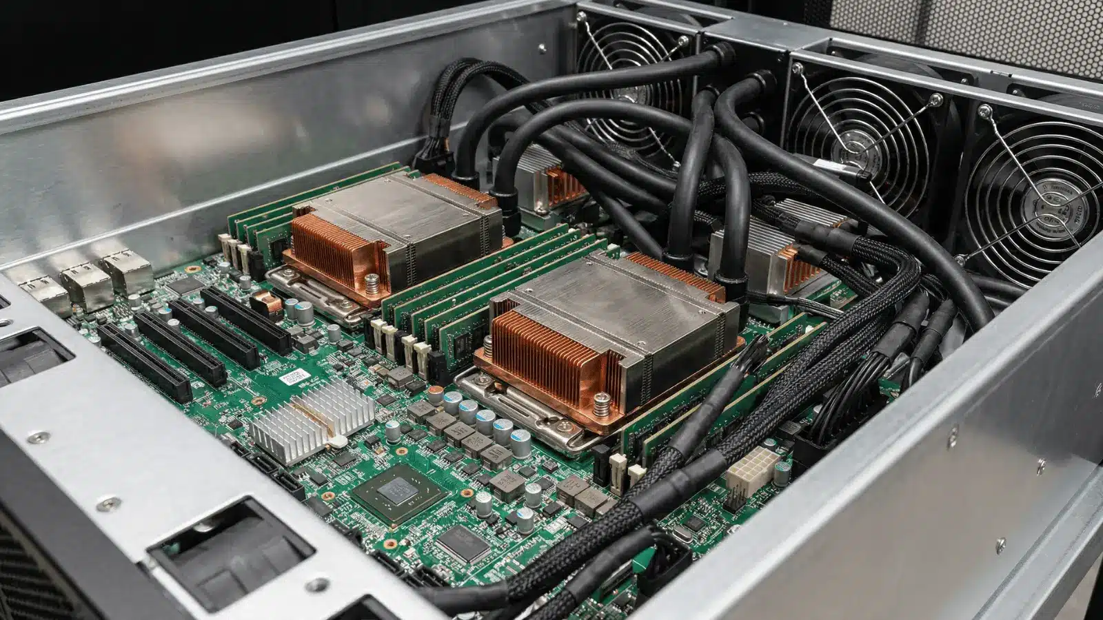 Close-up of processors and cooling components inside a high-performance server system