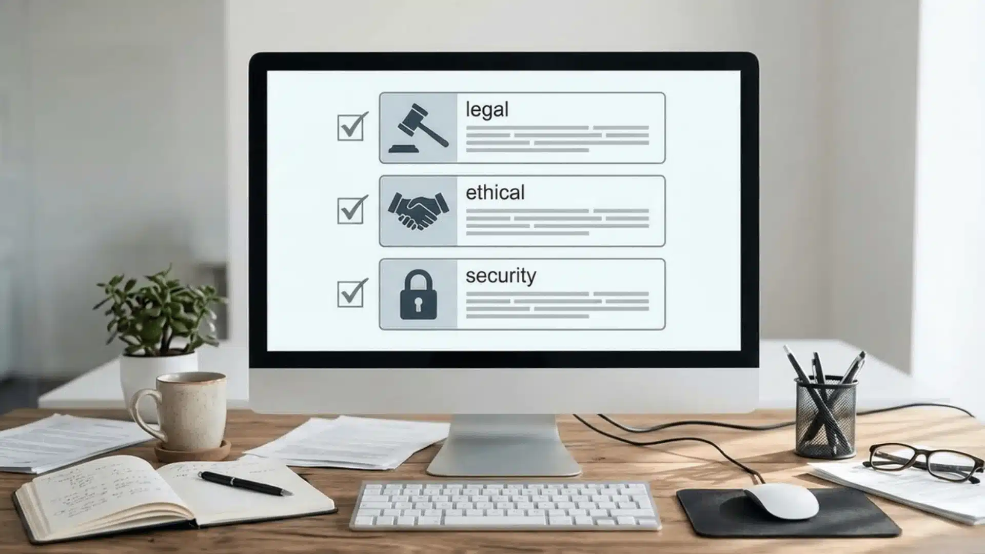 Computer monitor showing a checklist with legal, ethical, and security icons on a desk
