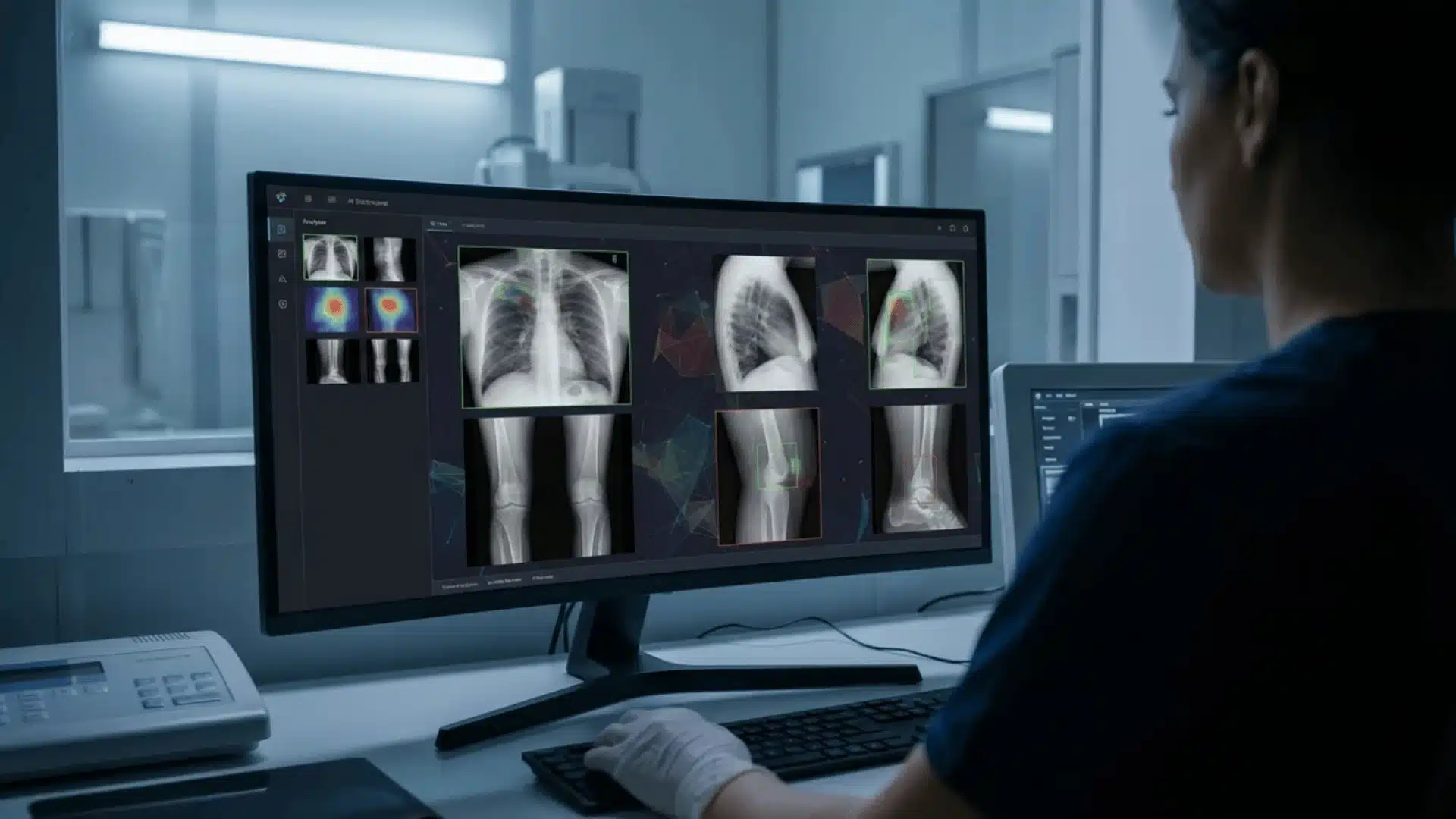 Computer screen showing X-ray images analyzed by software in a lab