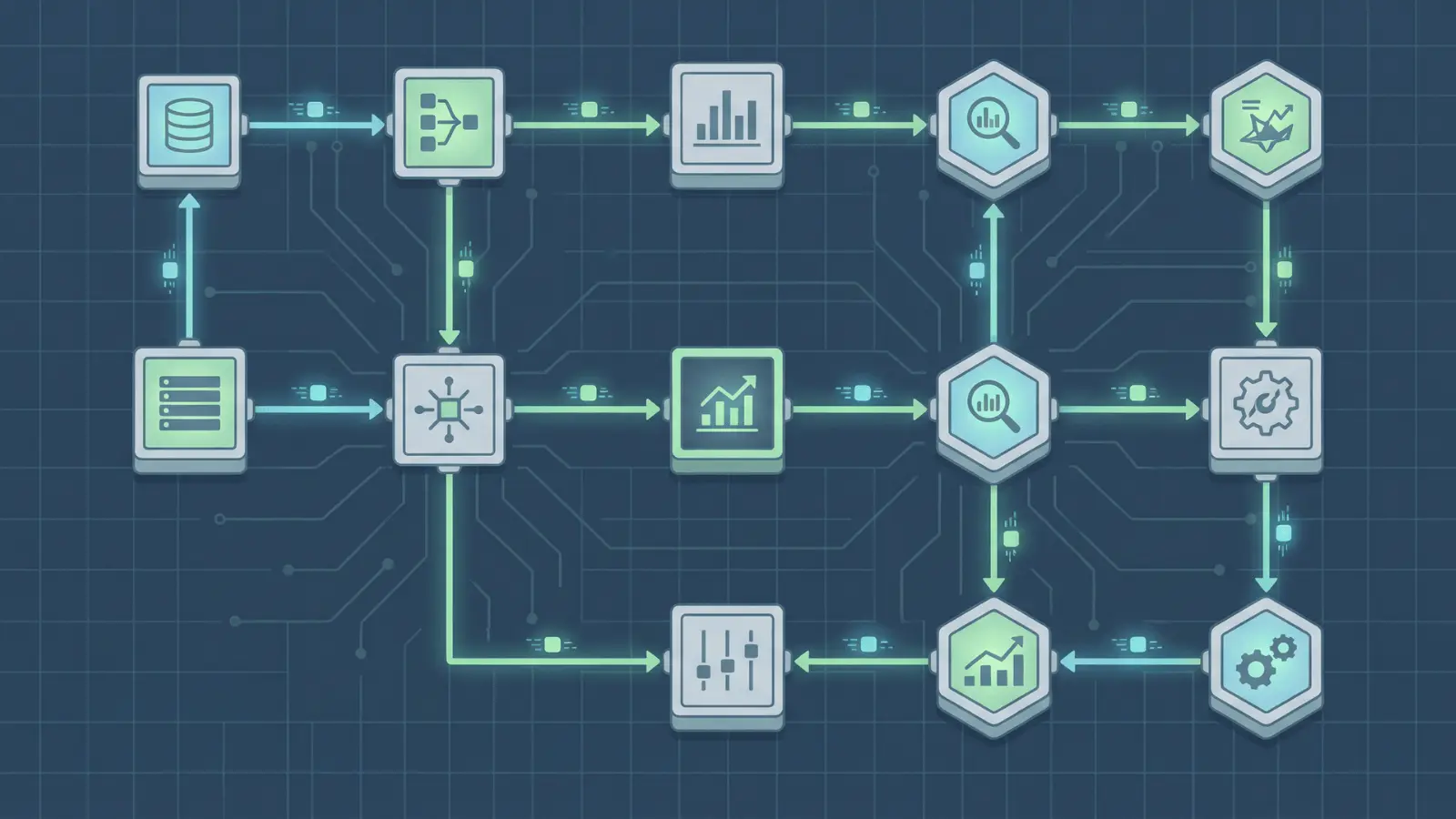 Connected digital nodes showing multiple systems working together in a workflow