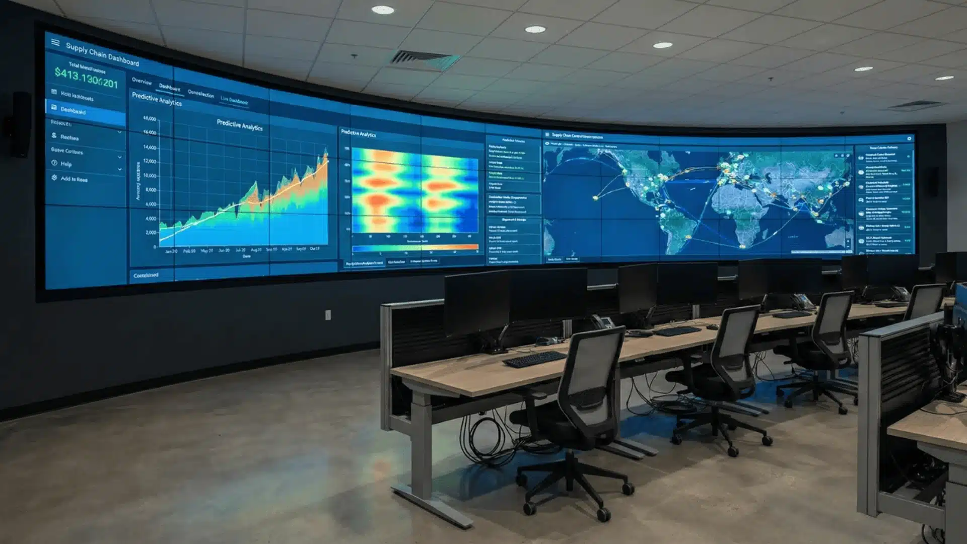 Control center screens displaying predictive analytics and live shipment tracking map