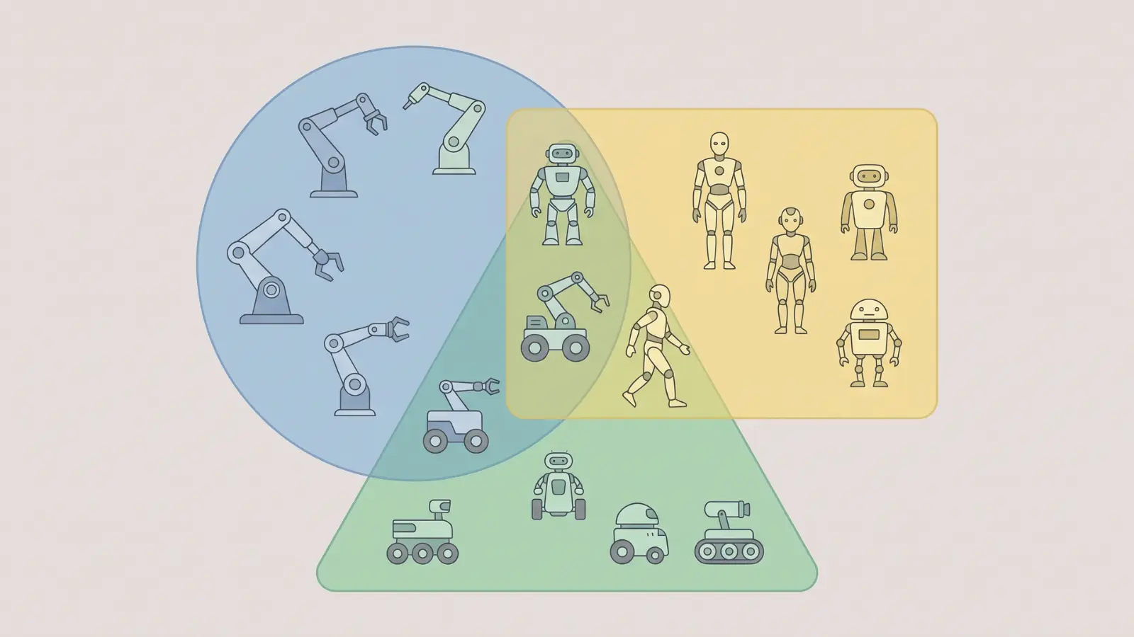Different robots grouped together showing overlap between industrial, mobile, and humanoid types