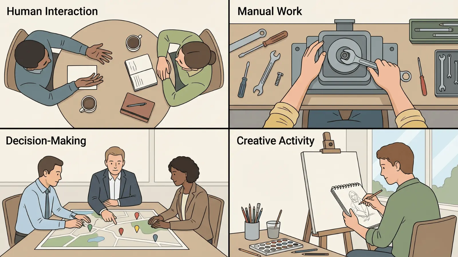four panels showing conversation, hands-on work, decision-making, and creative tasks