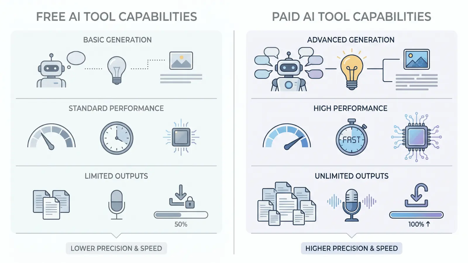 Free and paid AI tools compared by features, performance, and usage limits