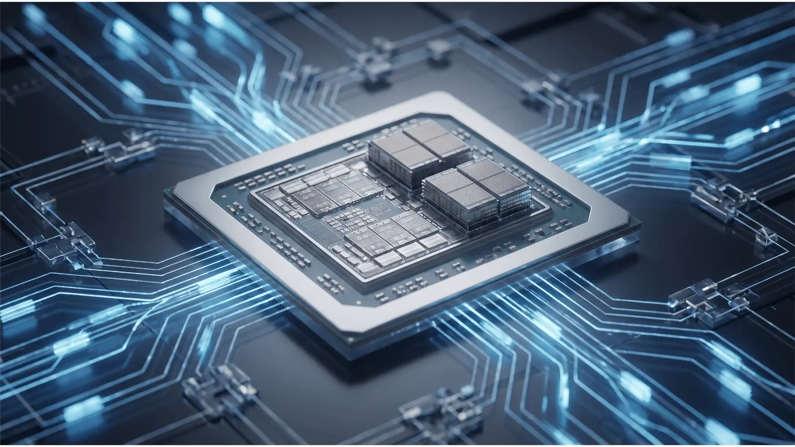 GPU processor with visible circuitry and data streams spreading outward