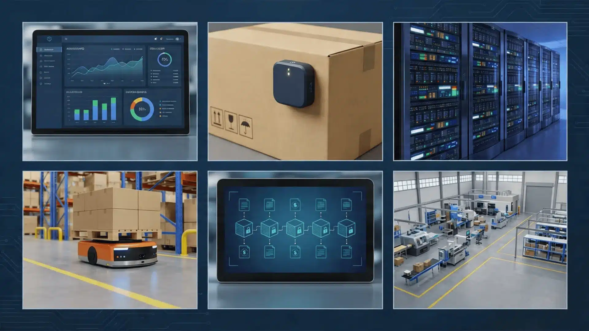 Grid display of AI dashboard, IoT sensor, cloud servers, robot, ledger screen, and digital twin model