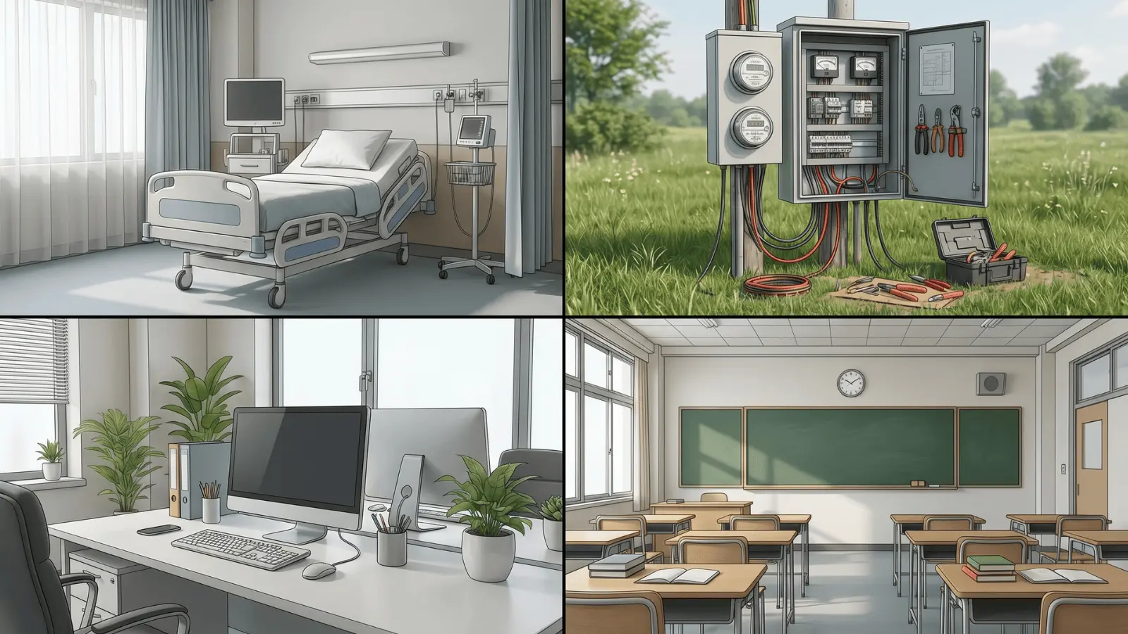 hospital room, repair site, server room, and classroom shown side by side