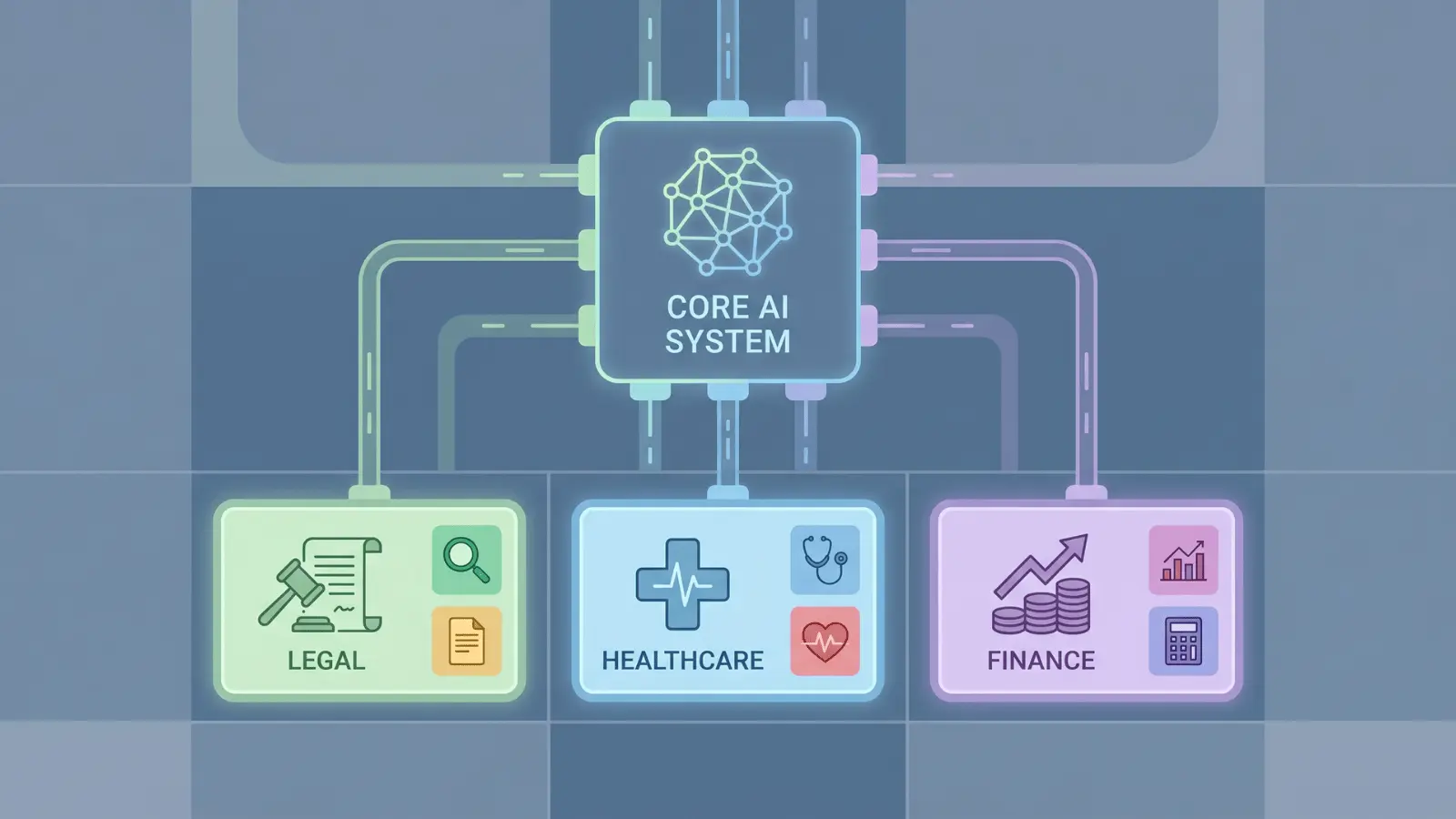 Industry-specific AI tools shown as separate modules connected to a central system