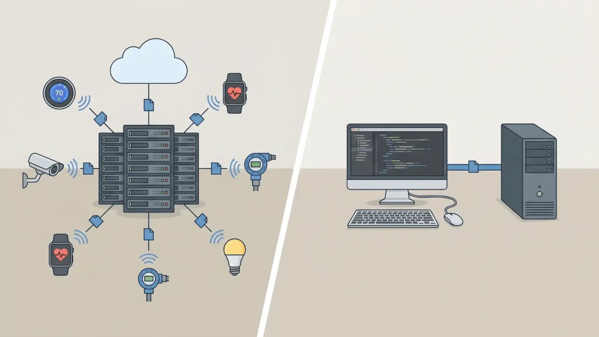 IoT devices and server on one side, desktop and server on other