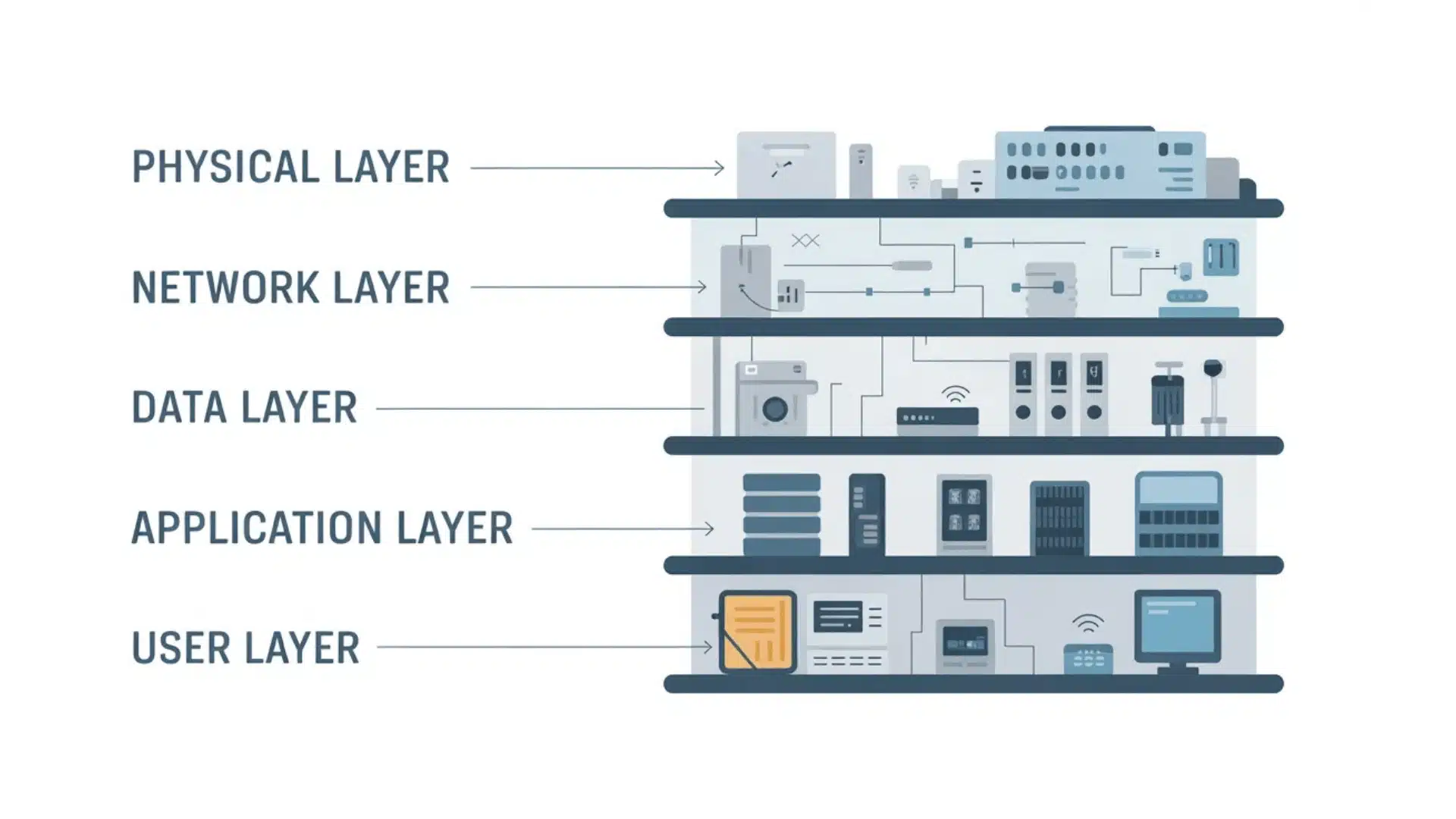 Layered diagram showing physical, network, data, application, and user layers
