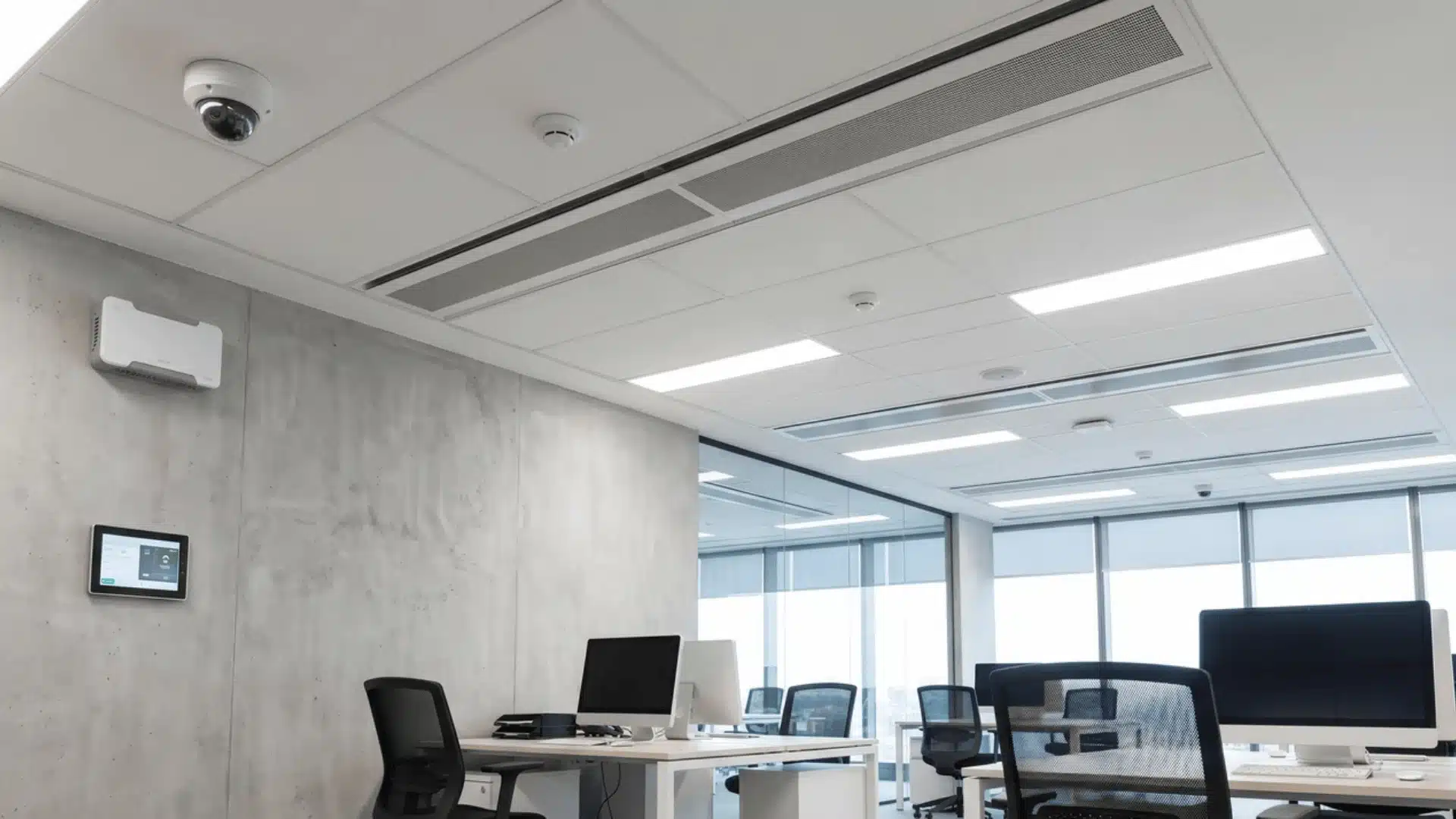 Office interior showing ceiling vents, lights, camera, and wall-mounted sensors